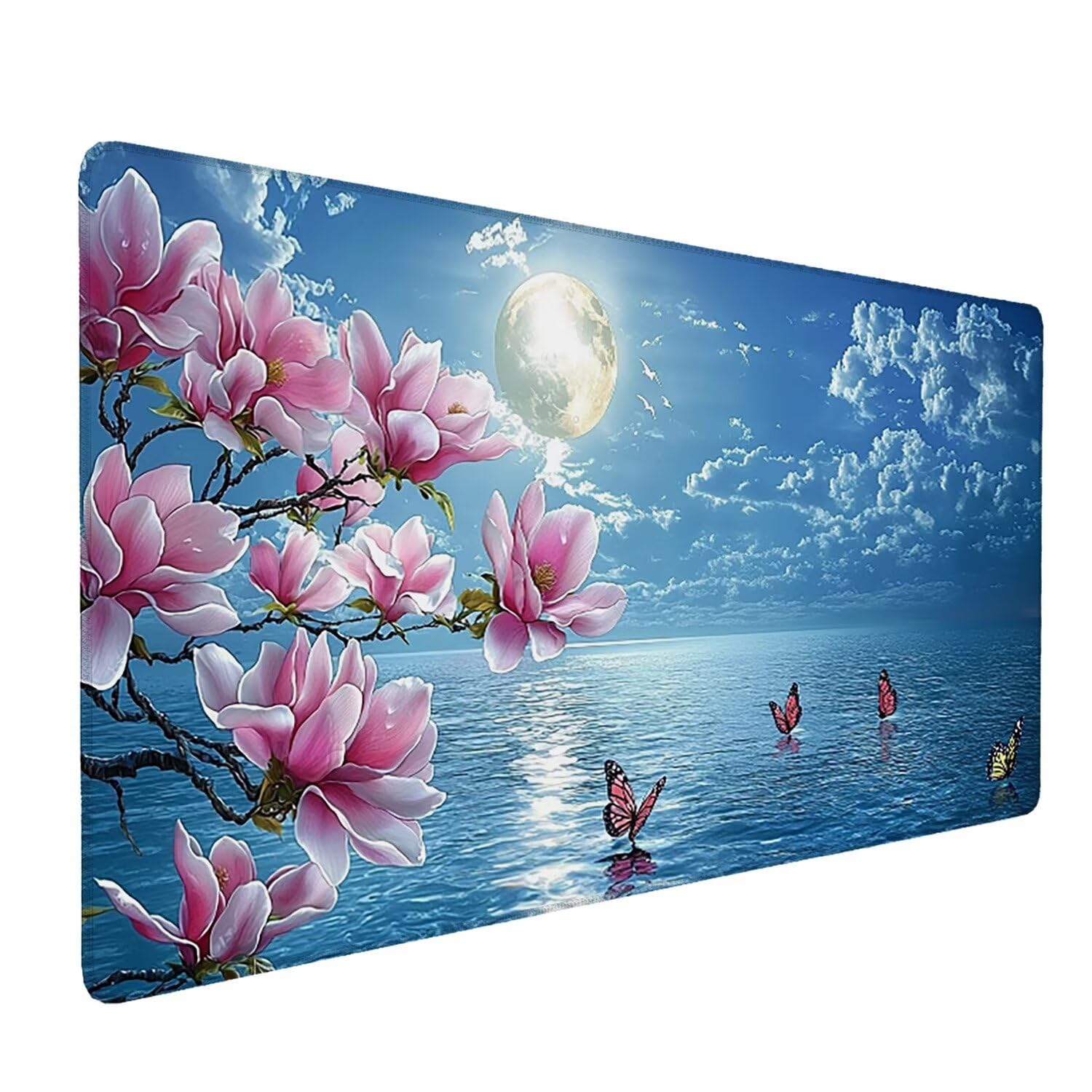 Duża podkładka pod mysz do gier Magnolia Morze Kwiaty Podkładka pod mysz XXL 1200 x 600 mm, zmywalna, neoprenowa podkładka pod mysz - z szytymi krawędziami, antypoślizgowa gumowa podstawa, akcesoria