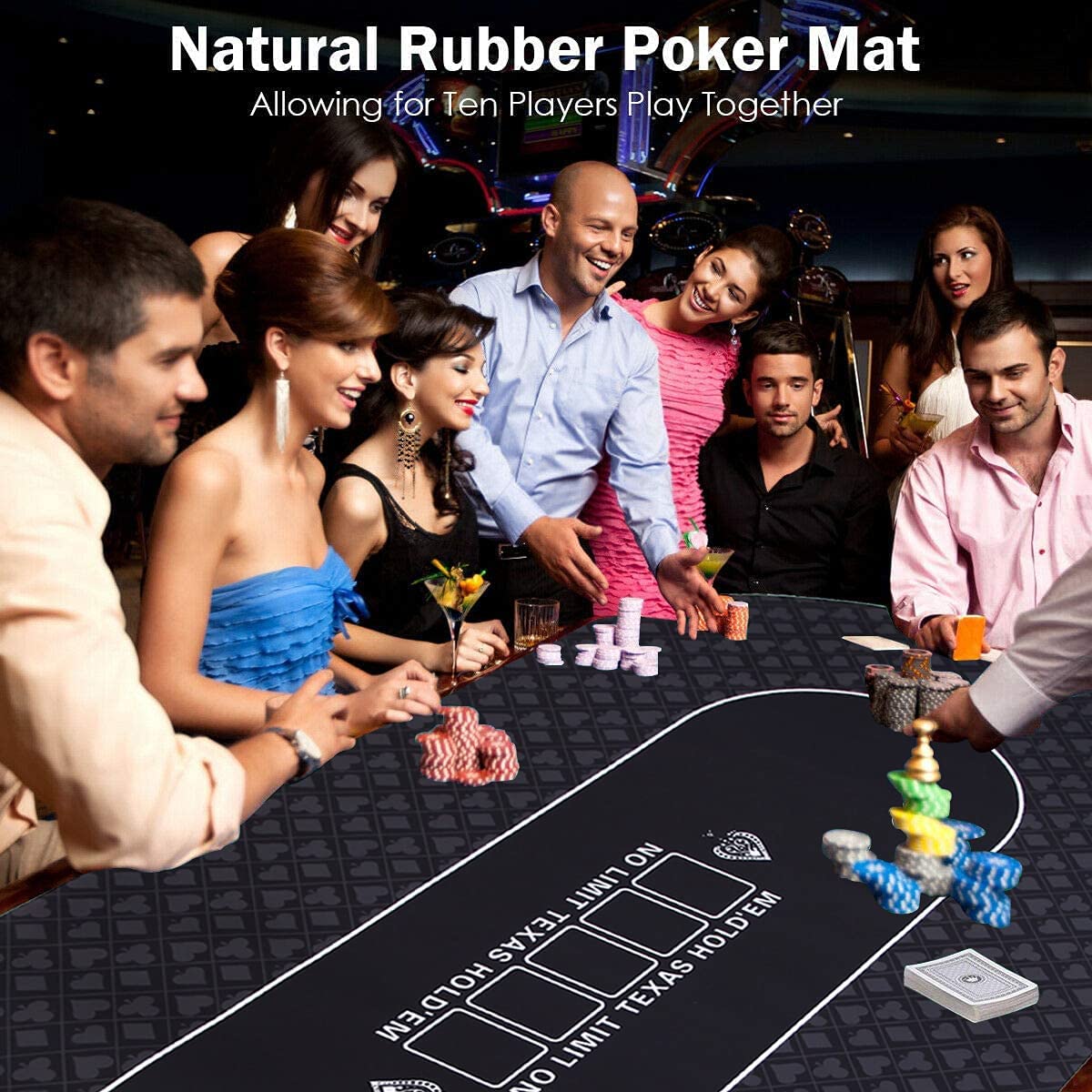 Tappetino da poker professionale, 180x90 cm, 8 giocatori in gomma portatile Texas Hold'em Poker con layout da tavolo con borsa da trasporto per giocare a carte, casinò (ovale,nero)
