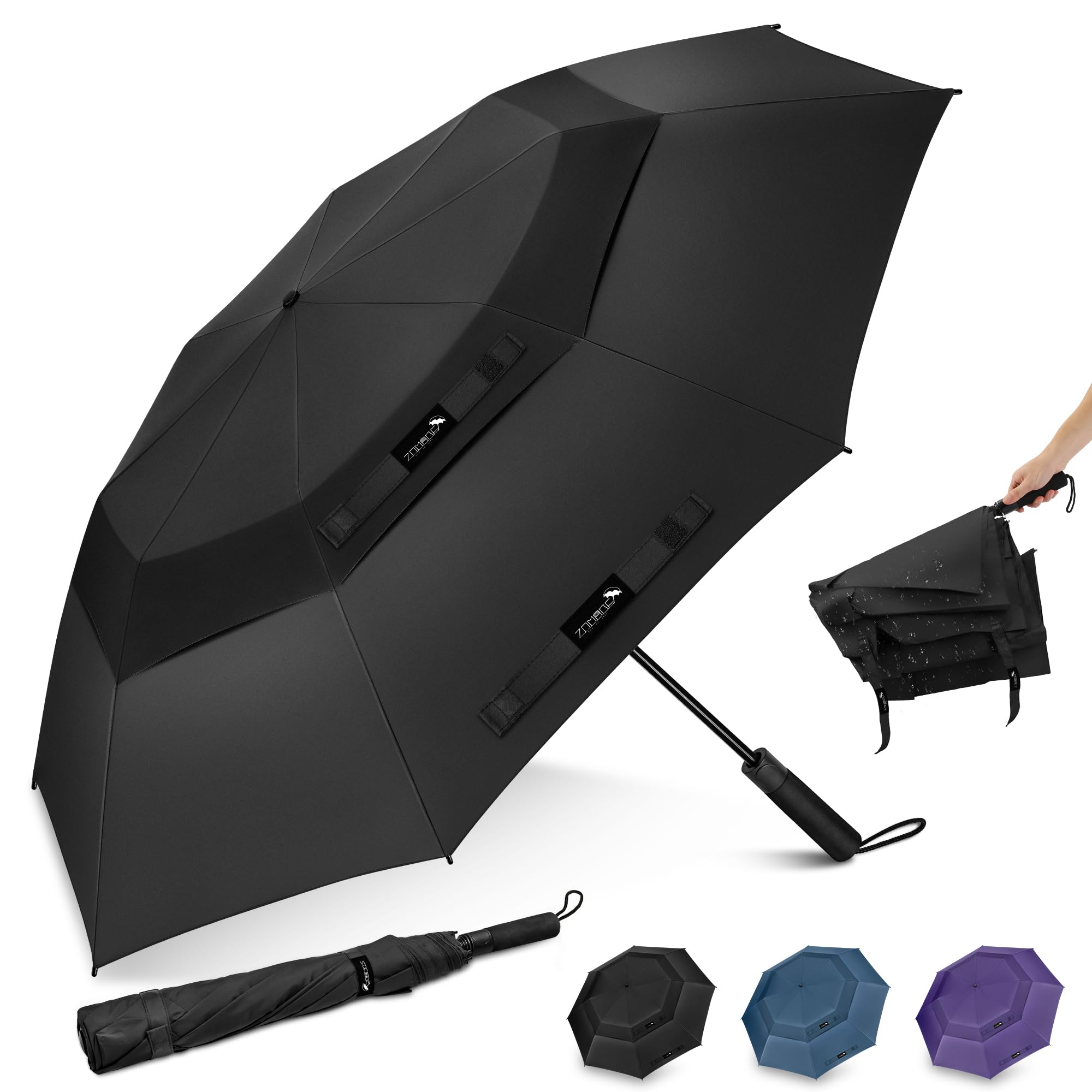 Big Folding Golf Umbrella, Auto Open Windproof Waterproof Rain Umbrellas Super Large Oversize 62 Inch Double Canopy Vented for Men Women Sport(2-4 People)