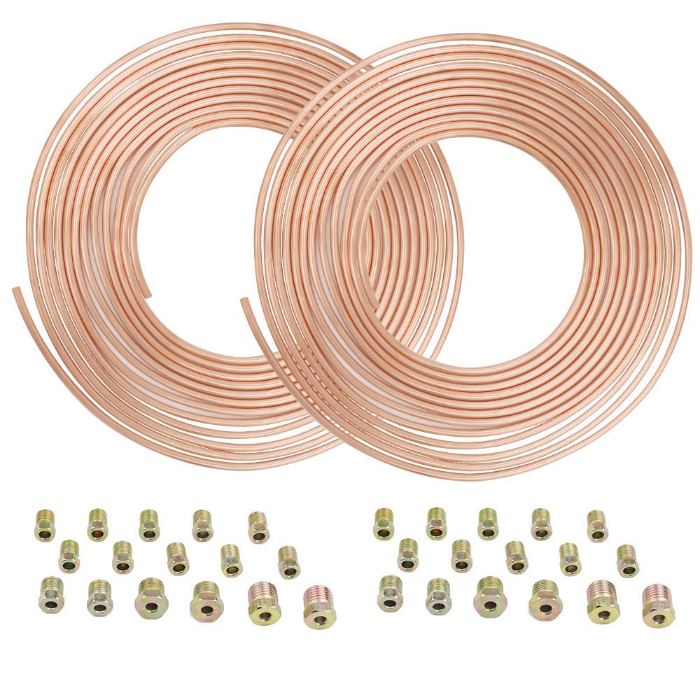 25 ft 3/16 Copper Coated Brake Line Kit Complete Replacement Brake or Fuel Tubing (Includes 16 x 2 Fittings), Easy to hand bend (.028) Wall Thickness,