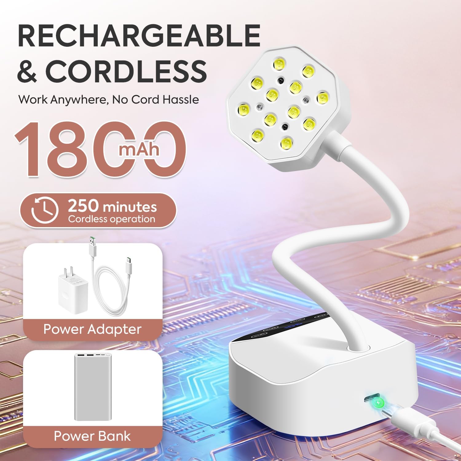 UV LED Nail Lamp Gooseneck UV Light for Gel Nails USB 50mW/cm² Cordless Flash Cure Gel XLamp with 4 Times & Auto Sensor 36W Mini Nail Dryer Rechargeable Fast Curing Nail Art Design for Salon Home DIY