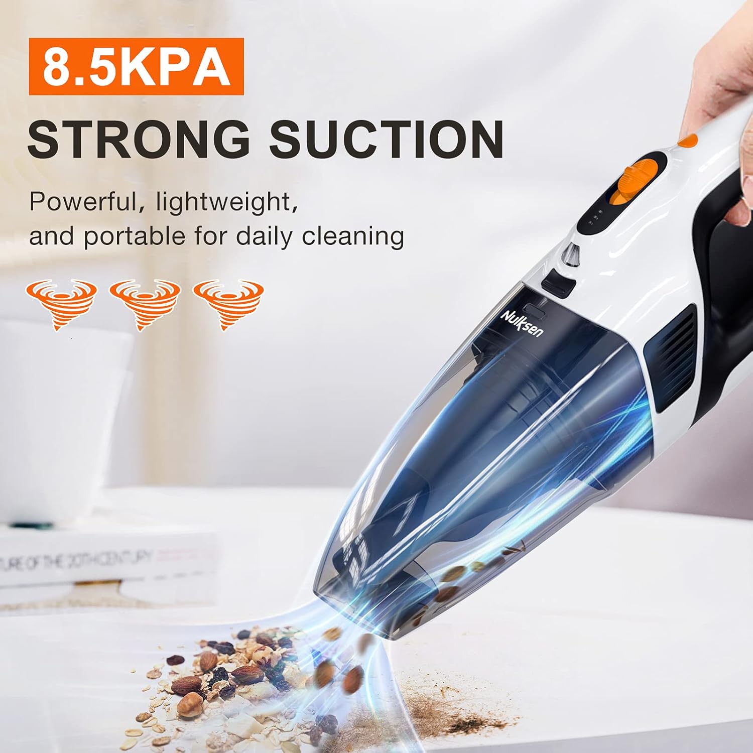 Nulksen Handheld Vacuum Cordless Rechargeable, 8500Pa Powerful Portable Handheld Vacuum, Quick Charging, Light Weight Mini Vacuum Cleaner for Home, Office and Car -