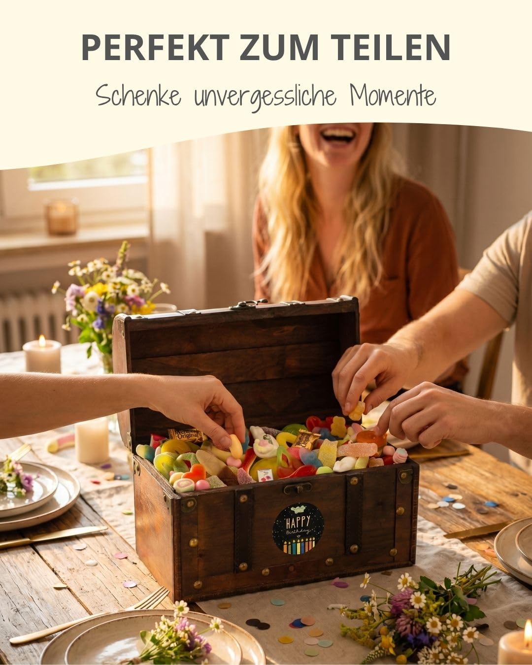 Schmatztruhe Happy Birthday – Geschenktruhe mit kunterbuntem Süßigkeiten-Inhalt, tolle Geschenk-Idee zum Geburtstag