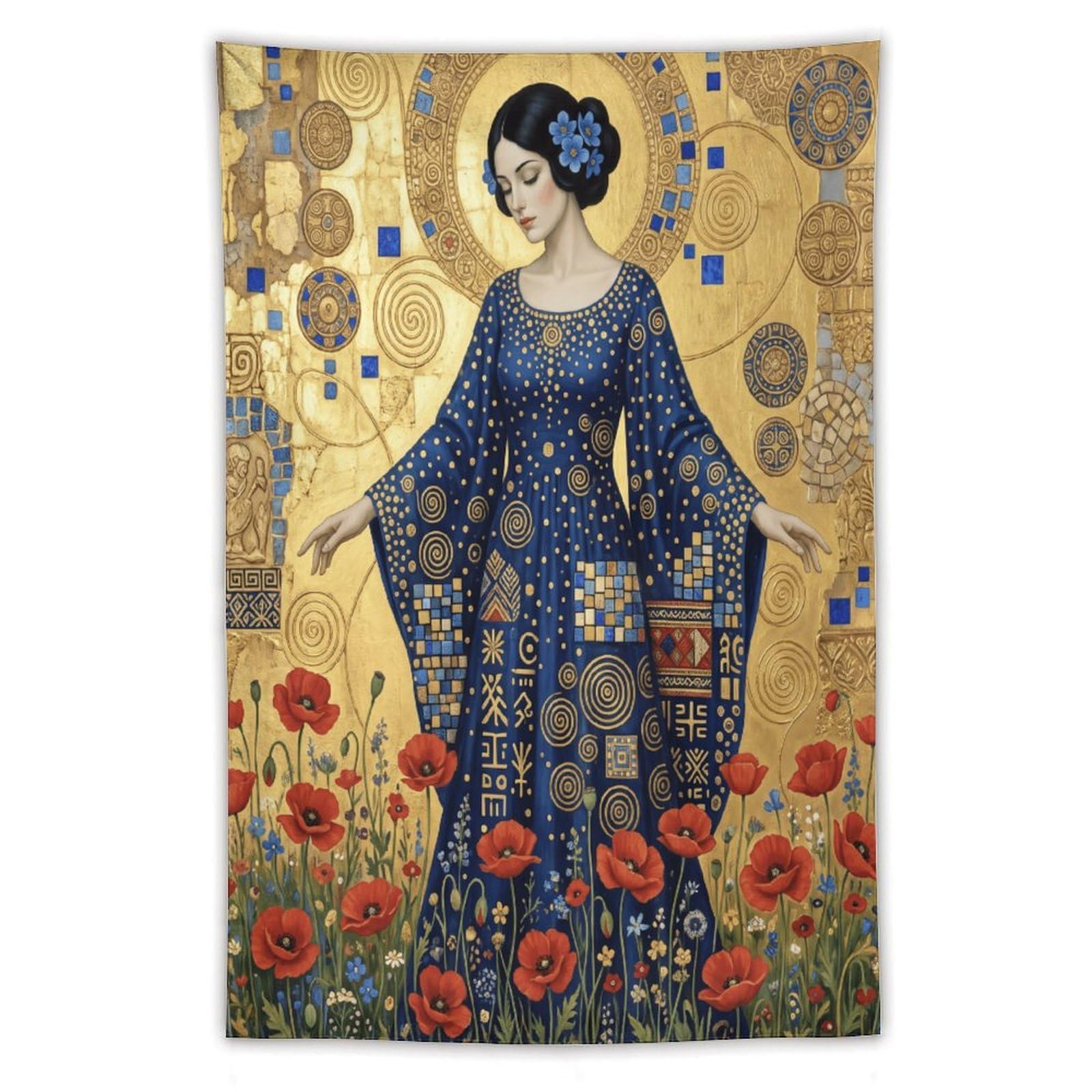W7C8U2X3 Golden Mosaic Woman Wall Tapestry, Mosaic, Byzantine Inspired Art