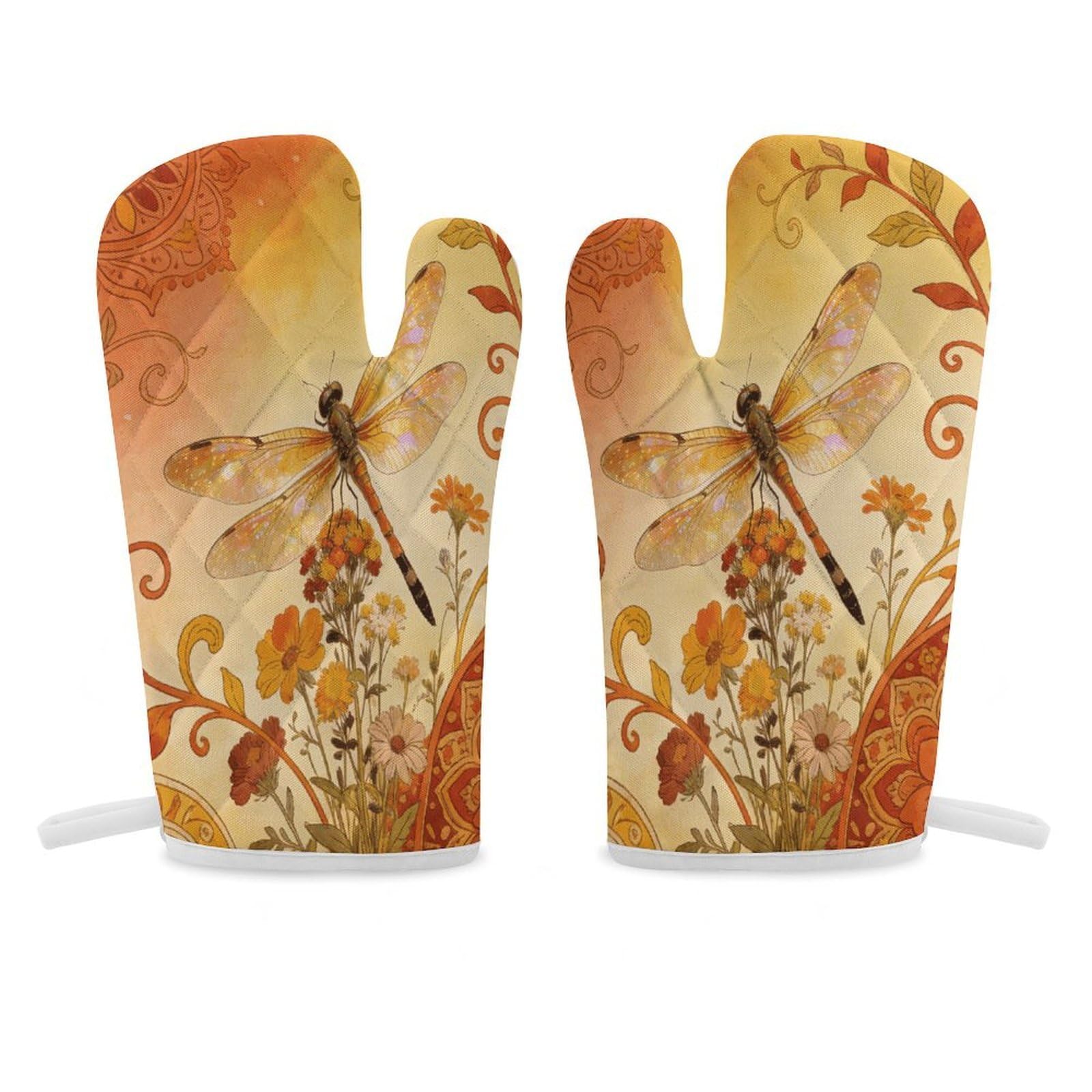Autumn Dragonfly Perches on The Flower. Oven Mitt Heat Resistant Potholder Set,Durable Oven Gloves for Gifts,Glove Pot Holder for Cooking Baking Grilling BBQ