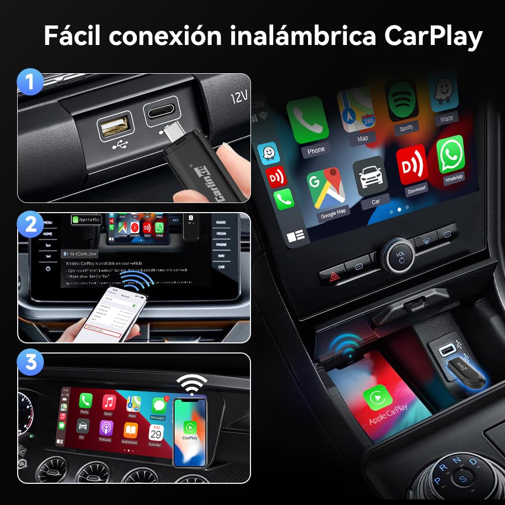 Carlinkit Mini SE Adaptador CarPlay inalámbrico,Adecuado para Coches con función carplay(año del Modelo: 2017 a 2025),Auto-Connect,CarPlay con Cable a inalámbrico