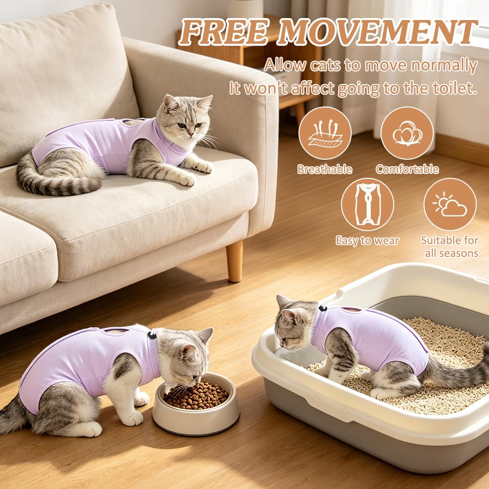 OFFCUP Combinaison de Récupération, 2 PCS Body Chat Post Operatoire, Gilet de Récupération de Chat Femelle Male, Protection Contre Le Léchage Convient Plaies Abdominales ou Maladies de Peau, Violet/S