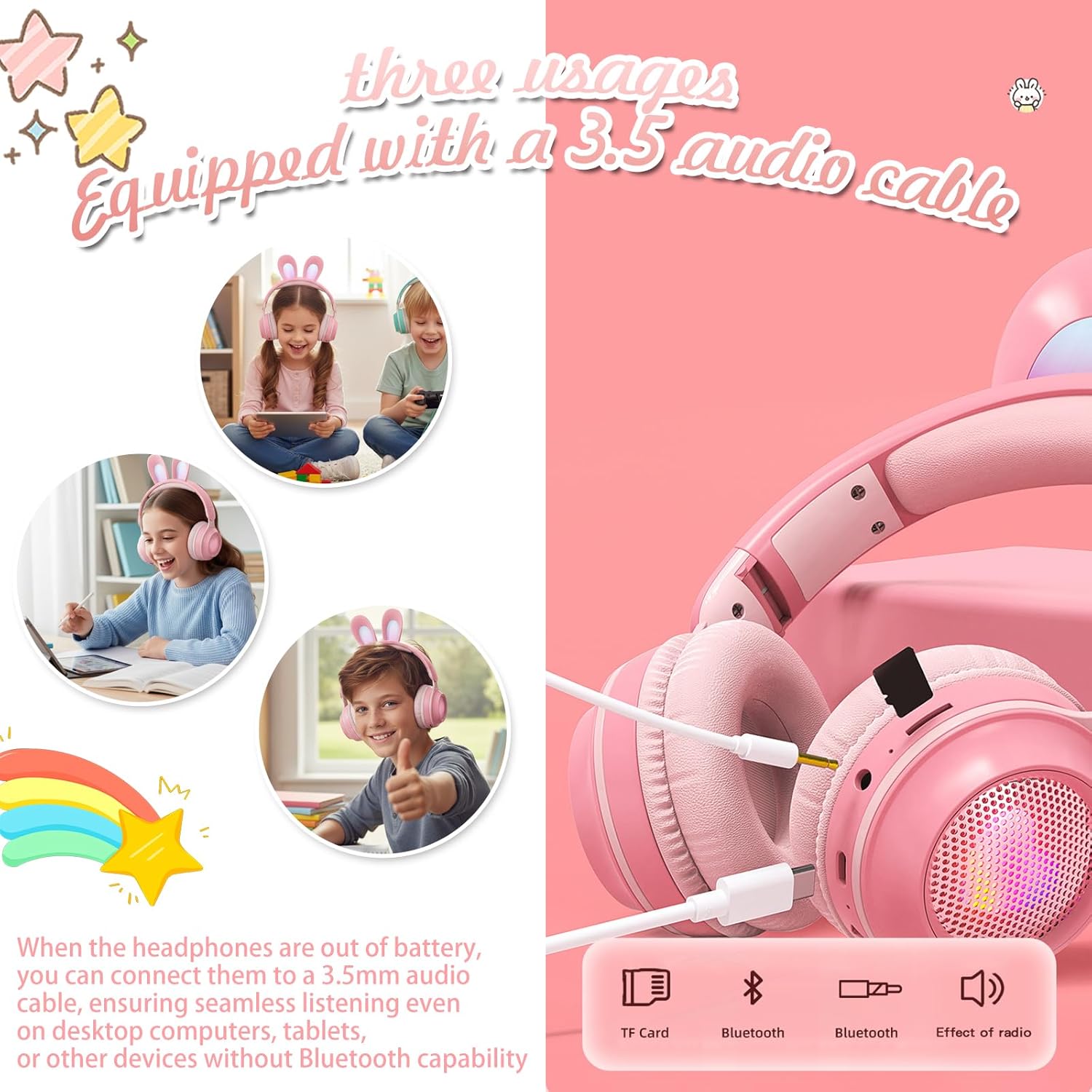 Bluetooth Noise Cancelling Headphones for Kids,Foldable Cat Headphones with LED Light Up Ear,Cat Ear Headphones for Toddler with Microphone/TF Card,Kids Bluetooth Headphones (Rabbit Pink)