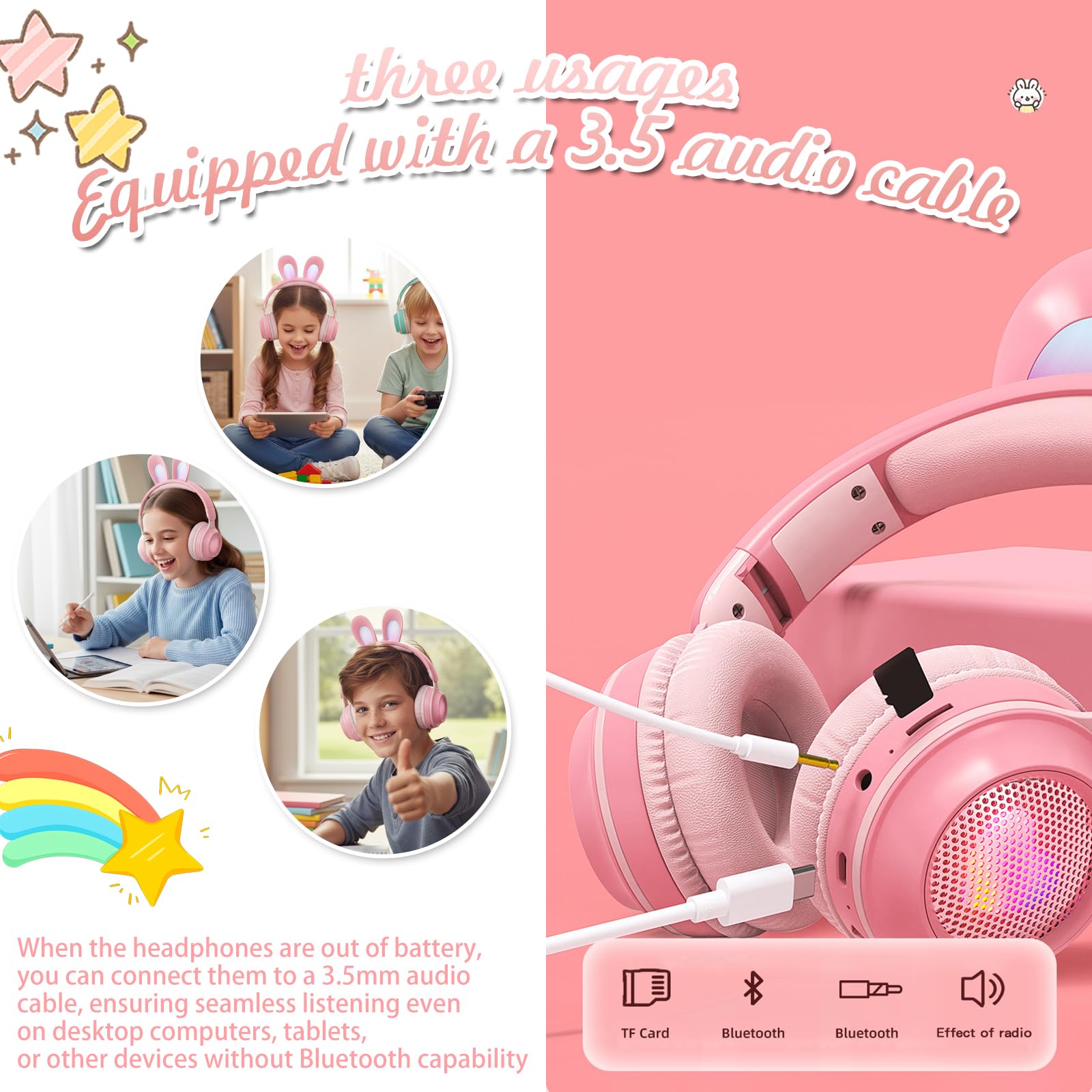 Auriculares Bluetooth con cancelación de ruido para niños, plegables con luz LED, auriculares de orejas de gato para niños pequeños con micrófono/tarjeta TF, auriculares Bluetooth para niños