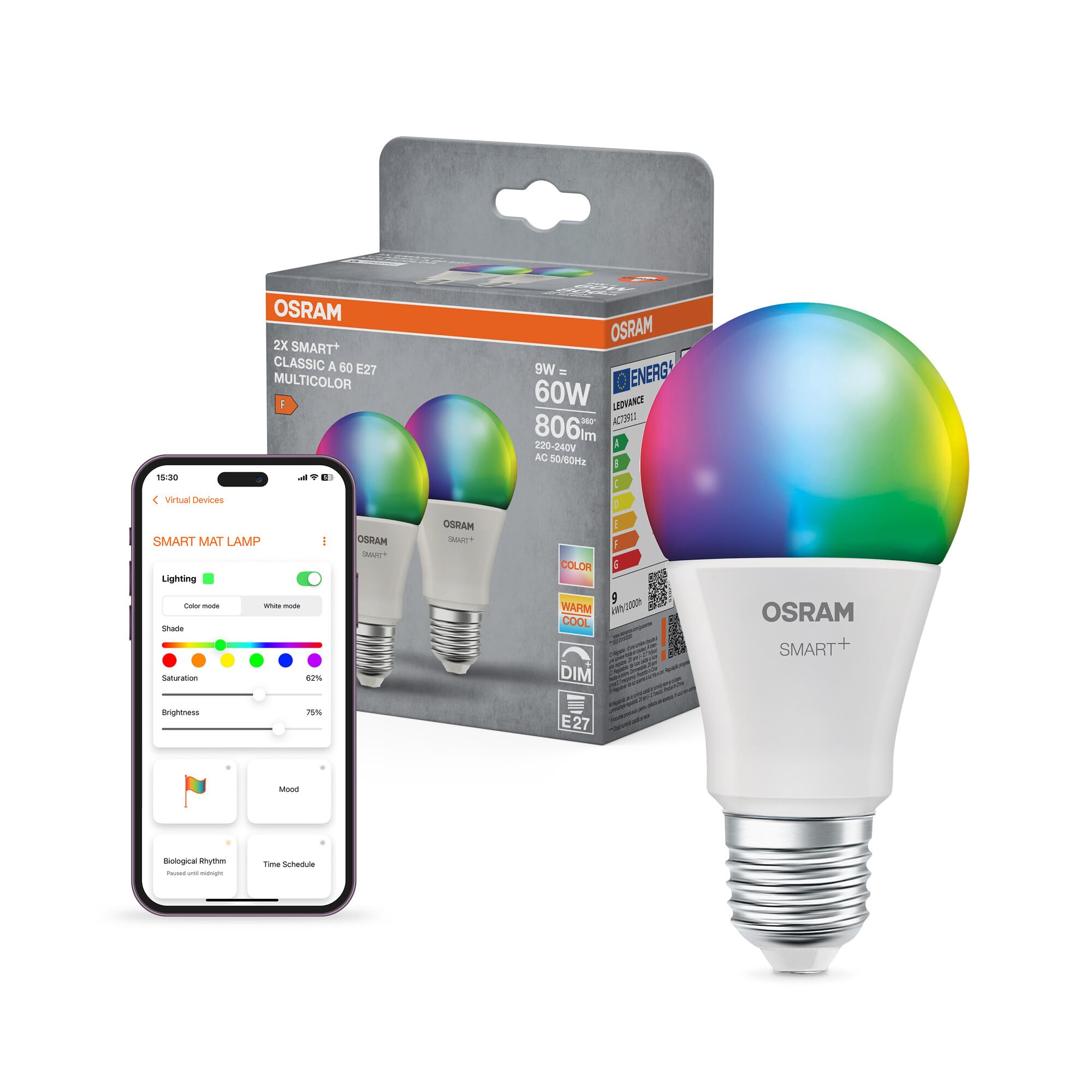 Osram SMART+ Birne mit Matter over Wifi, Vorteilspack mit 2 Stück, E27-Sockel, 9W, 16 Mio RGB-Farben, warmweiß-tageslichtweiß (2700-6500K), funktioniert mit Alexa, Google und Apple, 2er-Pack