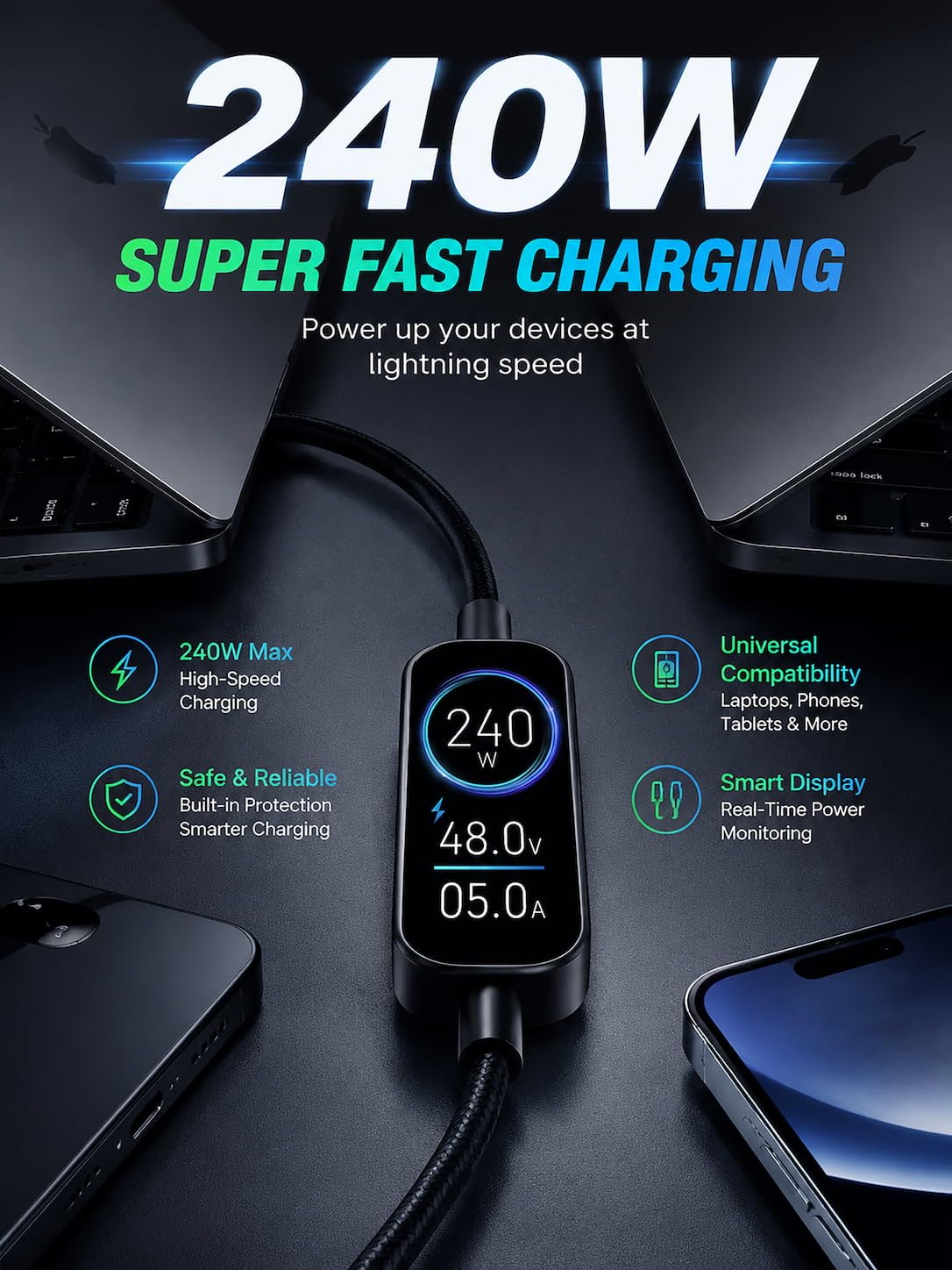 LITO Cavo da USB C a USB C da 240 W con display LED intelligente e monitoraggio della potenza in tempo reale, ricarica rapida PD 3.1, cavo di ricarica intrecciato in nylon di alta qualità, compatibile