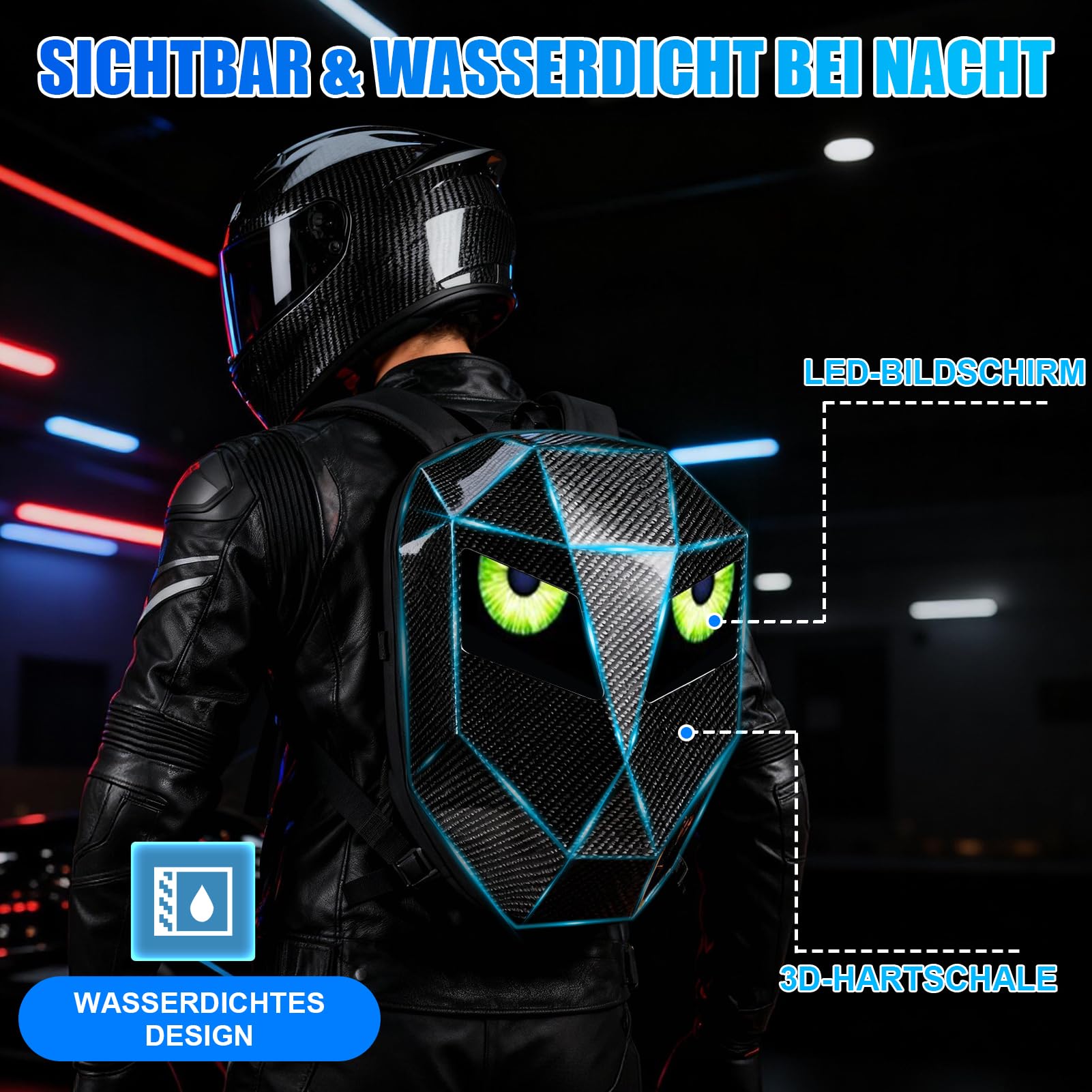 LED Rucksack Motorrad Geschenkidee für Männer Jugendliche, Programmierbarer Pixel Display Helmrucksack mit 3D Hartschale, Wasserdichter Laptop Tagesrucksack für Reise Schule Alltag Schwarz
