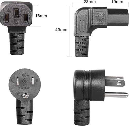 Miniatura 3 de GELRHORN - Cable de resorte eléctrico de 4.9 pies, 90 grados, 3 clavijas, NEMA 5-15P a IEC 320 C13, 10 A, 250 V15 A, 125 V, 18 WAG, ángulo
