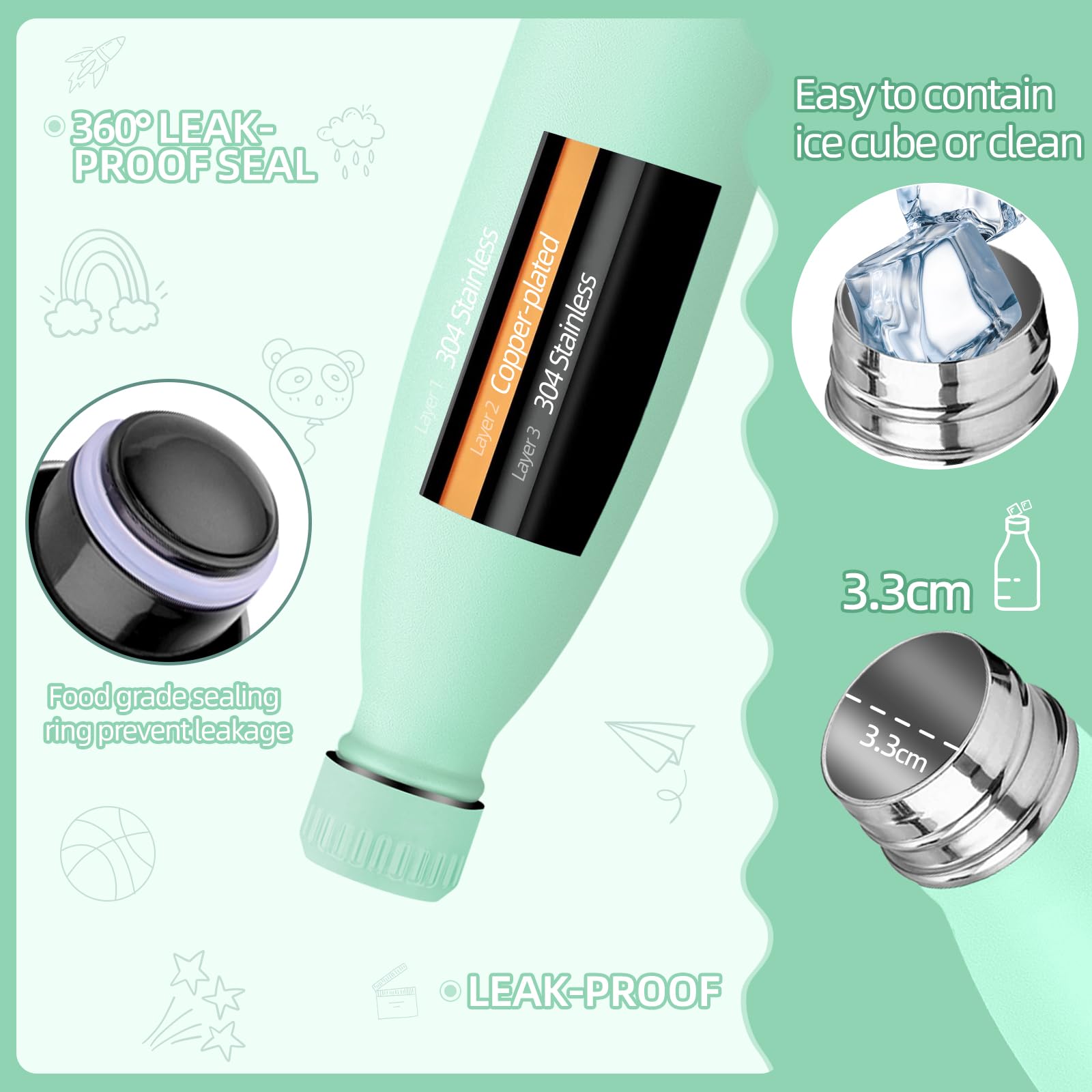 Gourde Isotherme Motswedi 500 Ml - Inox 18/8 - Garde Le Froid 24h Et Le Chaud 12h - Sans BPA - Pour Sport, Randonnée, école - Bleu Vert