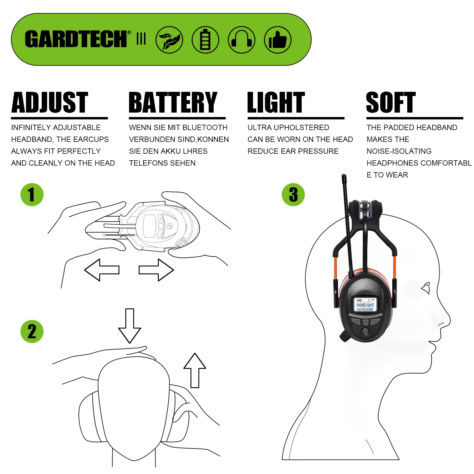 Gardtech Protection Auditive avec Radio DAB+ / FM, Bluetooth et MP3, Protège-Oreilles de Sécurité NRR 29dB, Casques Antibruit pour Hommes et Femmes, Idéaux pour Tonte de Pelouse