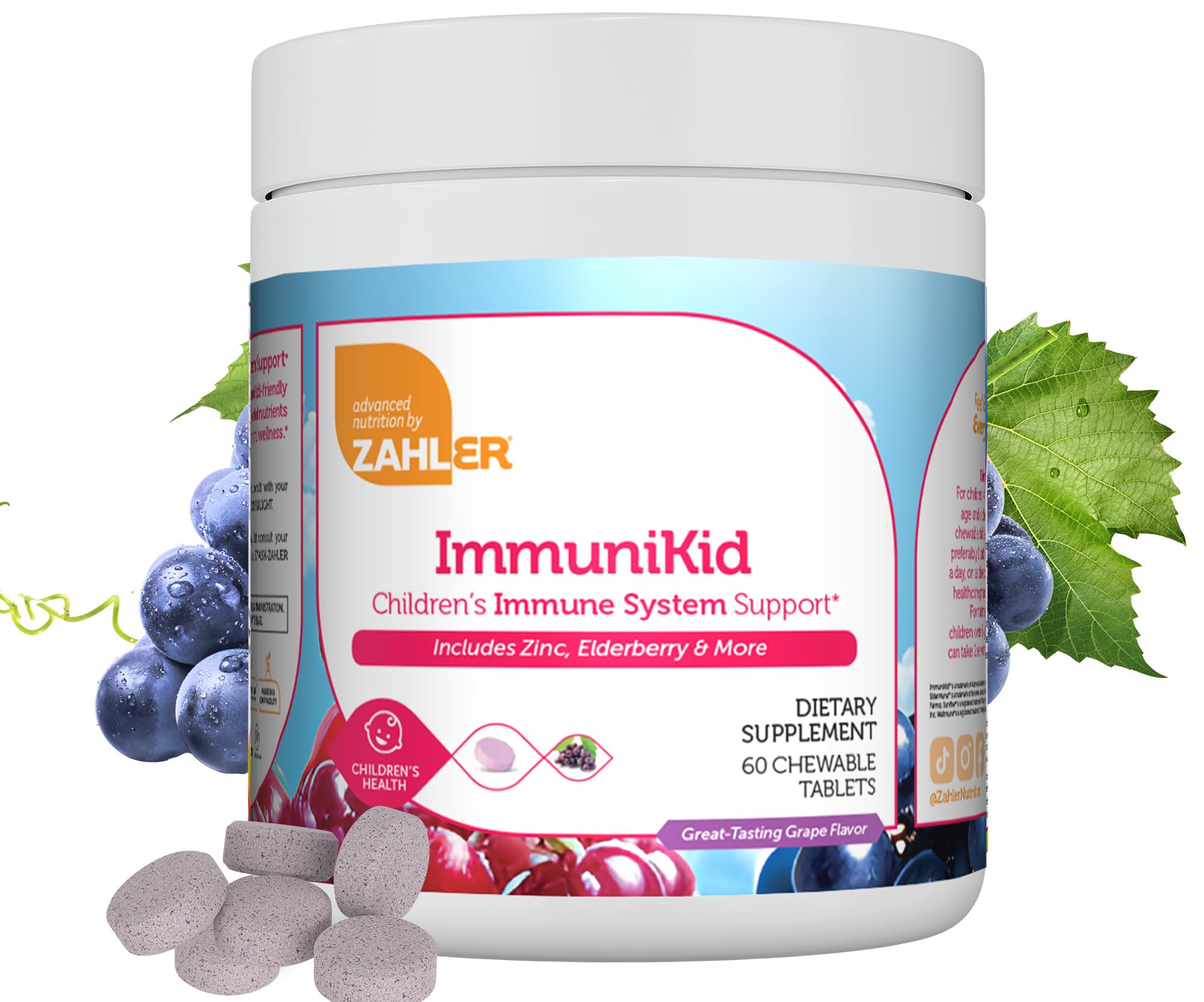 Zahler Kids Immune Support Supplement with Elderberry, Zinc and Kids Vitamins with Vitamin C D3 A - Grape Flavored Chewable Tablets - Kosher Children's Immune Support for Kids Ages 4 and Up, 60 Count