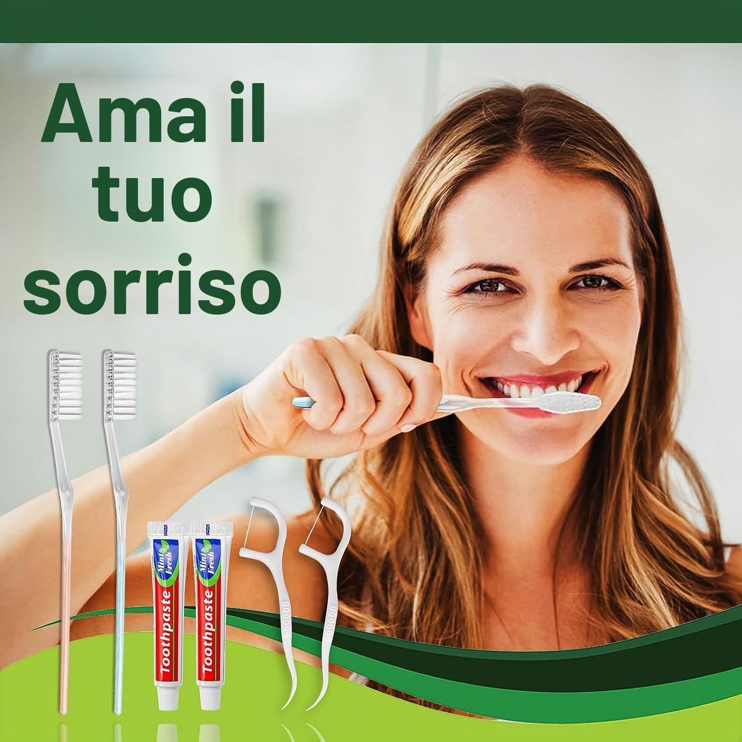 100 pacchetti di spazzolini da denti monouso di massa a 2 colori con filo interdentale, confezionati singolarmente, 10 g di dentifricio