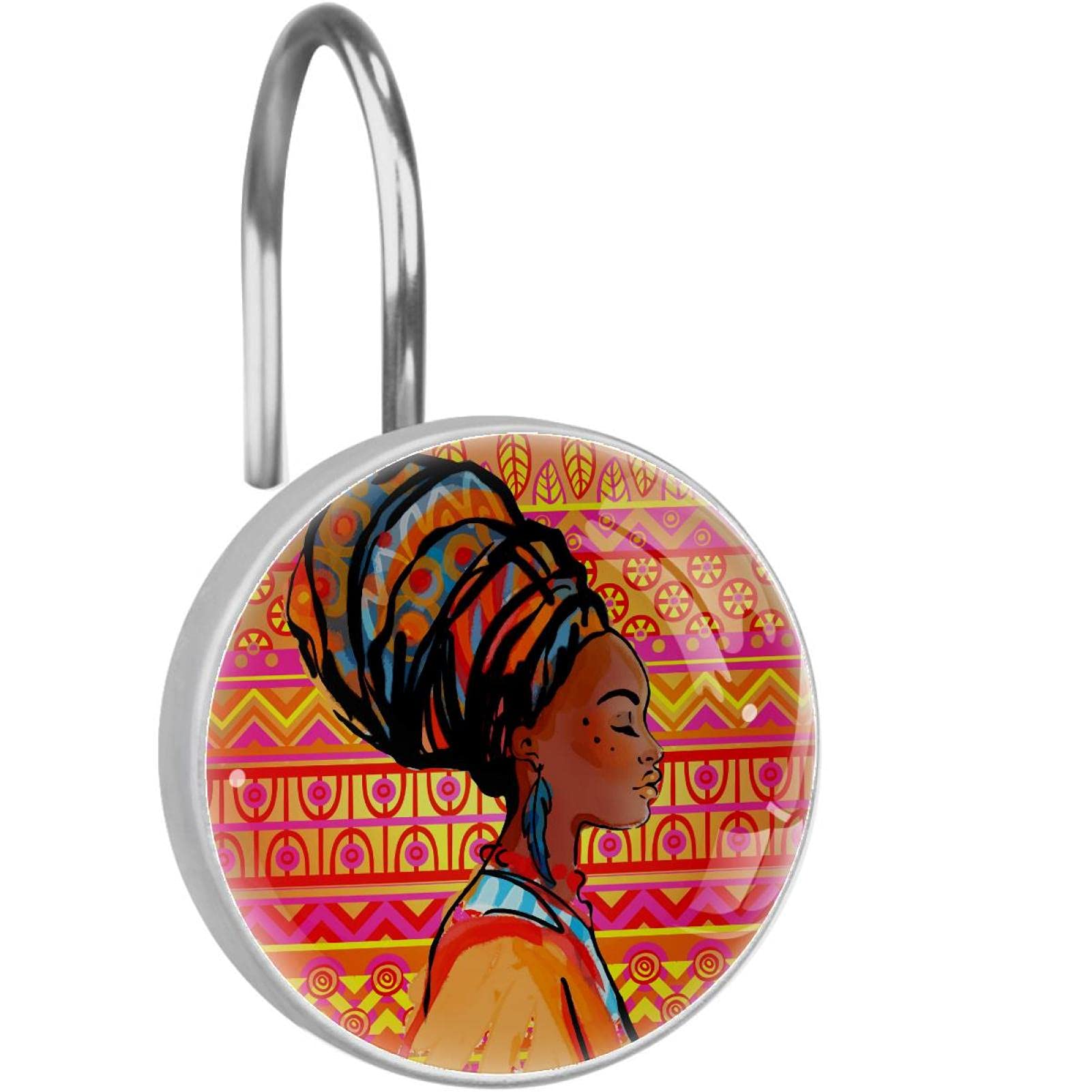 Crochets de rideau de douche motif femme africaine en acier inoxydable x12