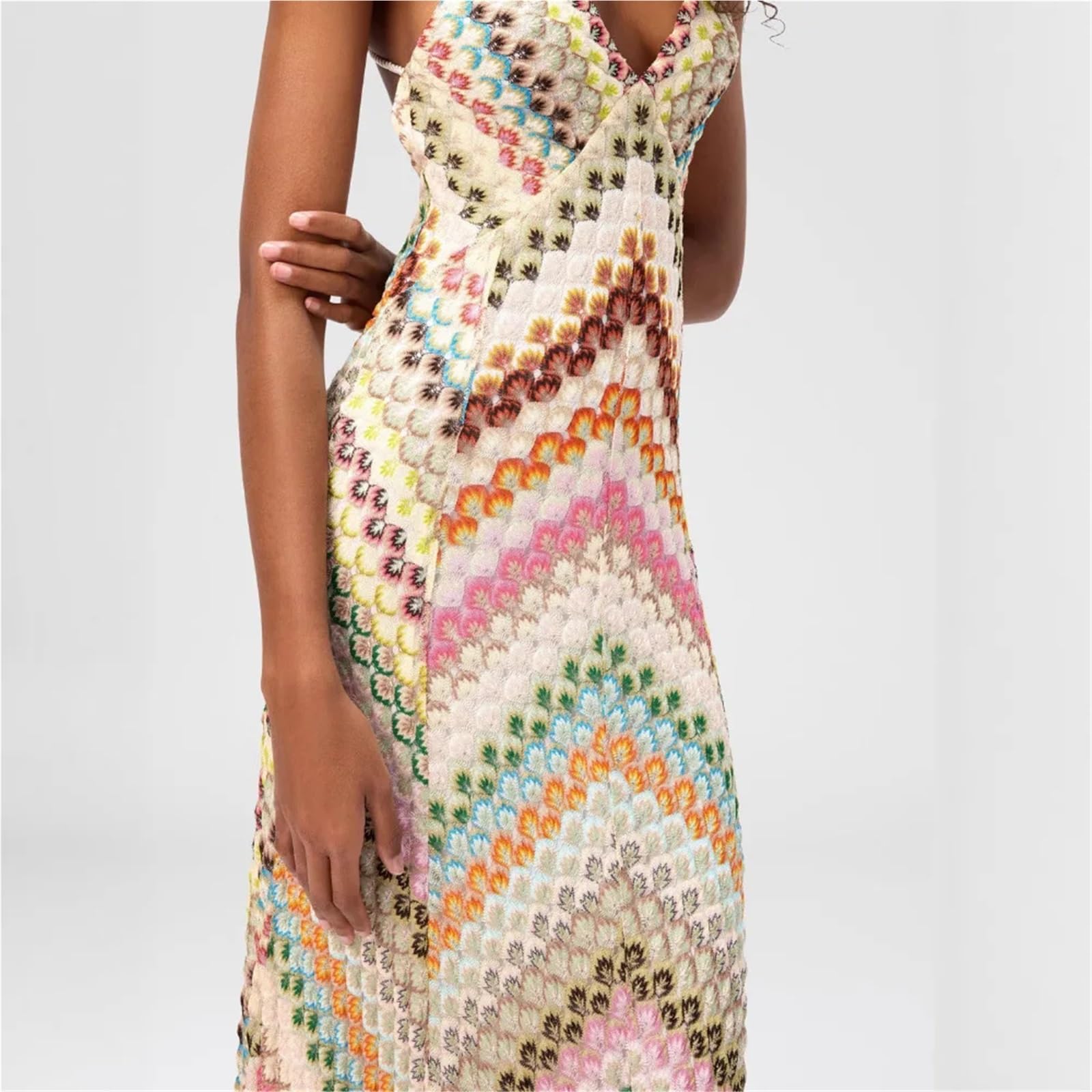 Vestido de Playa retales, Largo Sexy con Tirantes Hecho a Mano Ganchillo for Mujer, Verano for