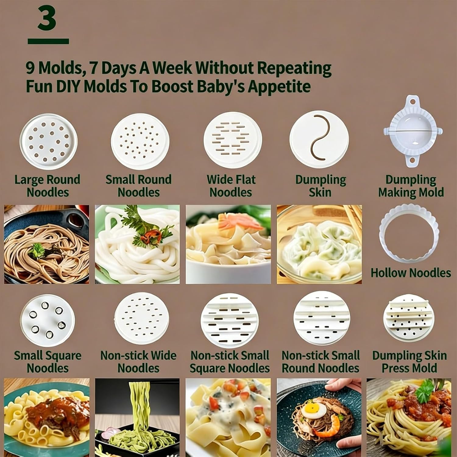 Automatic Pasta Maker, 500g Electric Noodle Press180W with 9 Molds – Multi-Function Dough Ready In 3 Minutes for Spaghetti Noodles Dumpling Skins Home Kitchen Use