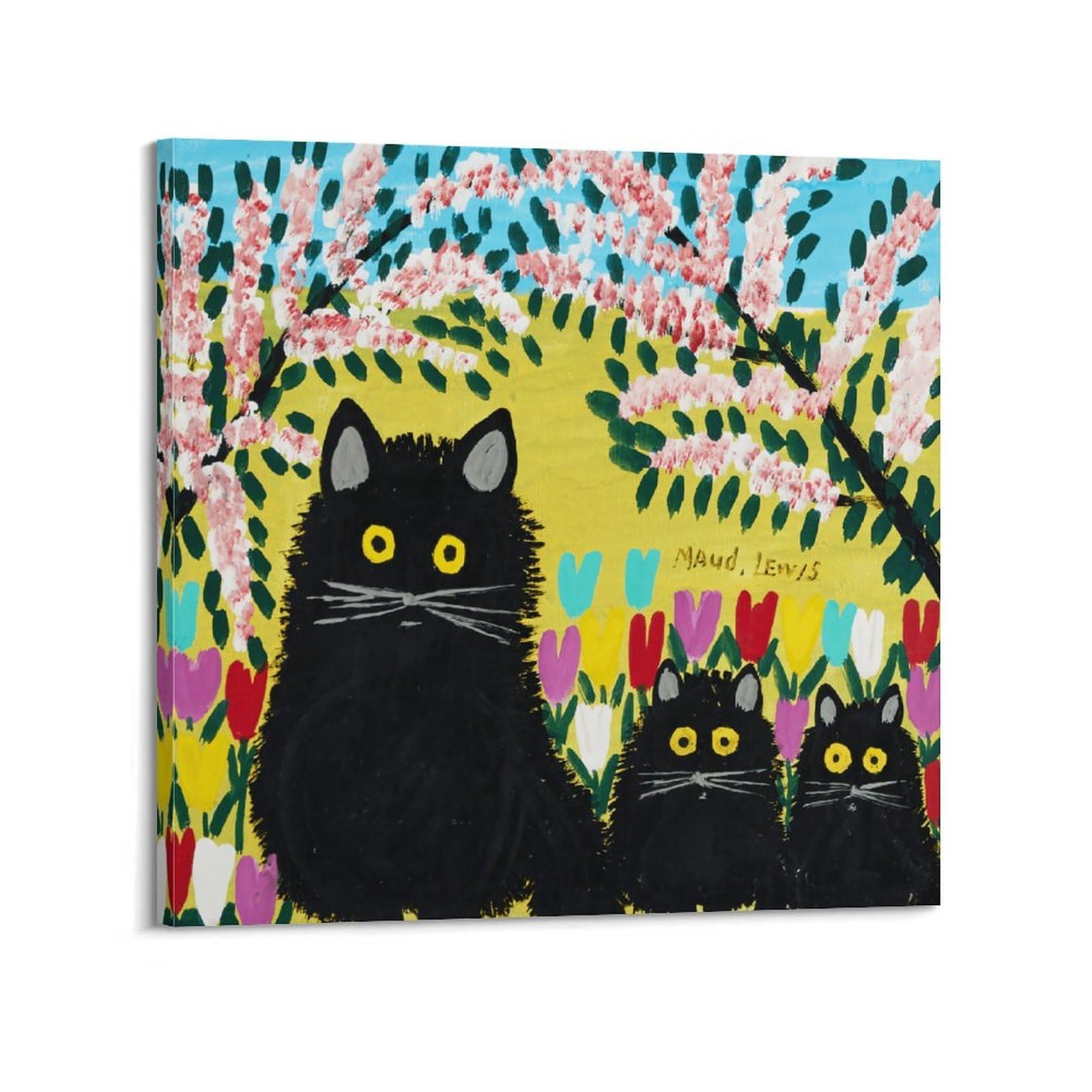 Sjwiner Frame-Style Three Black Cats -2 By Maud Lewis Paintings Art Posters Poster Wall Art Aesthetic Cover Poster Design Painting For Living Room Bed Room 12X12inch(30X30cm)