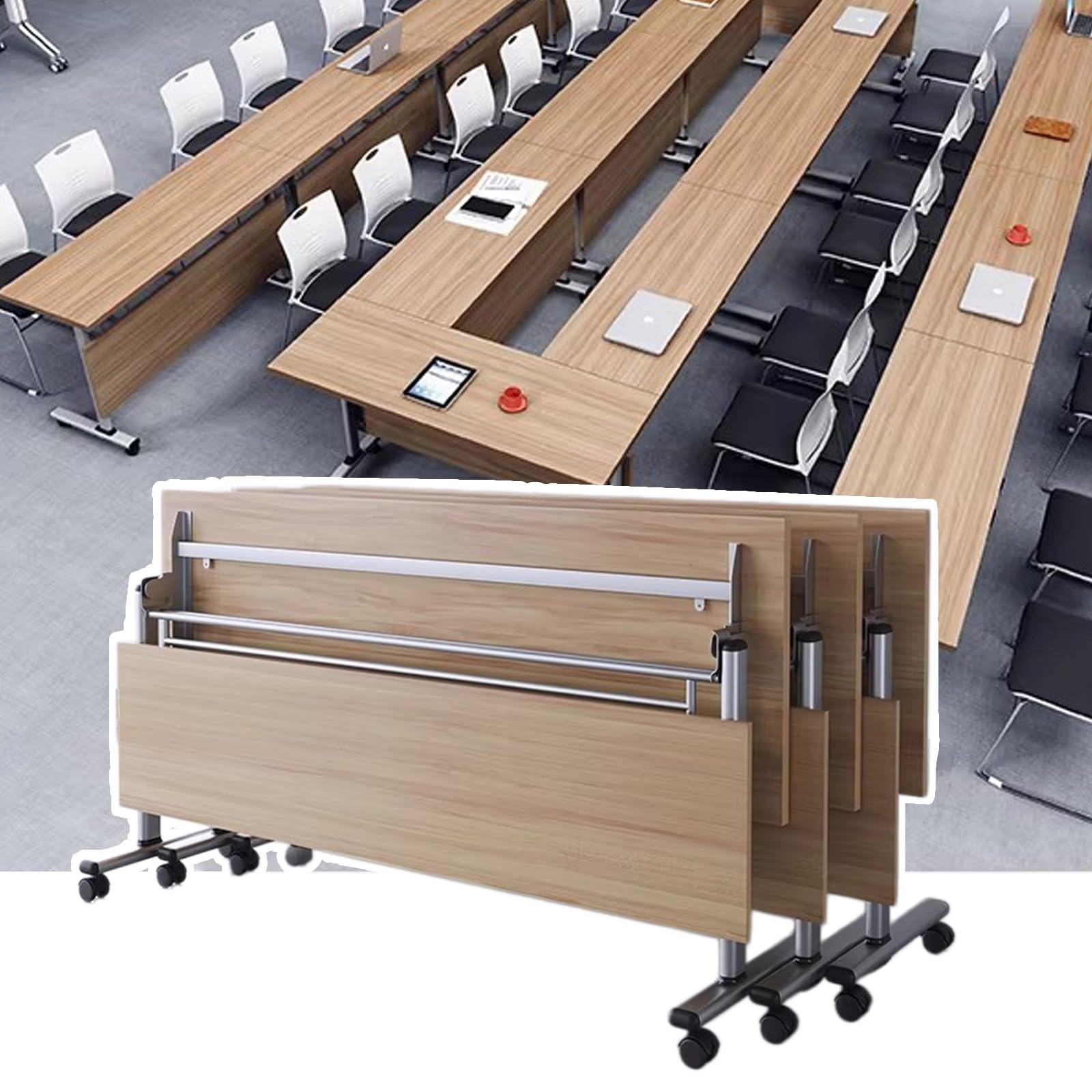 Konferenztisch mit mobilem Design, 360° Schwenkrollen, abschließbar, Sichtschutz, Aufbewahrungsregal, für Büro, Training, Studium, 120 x 40 cm