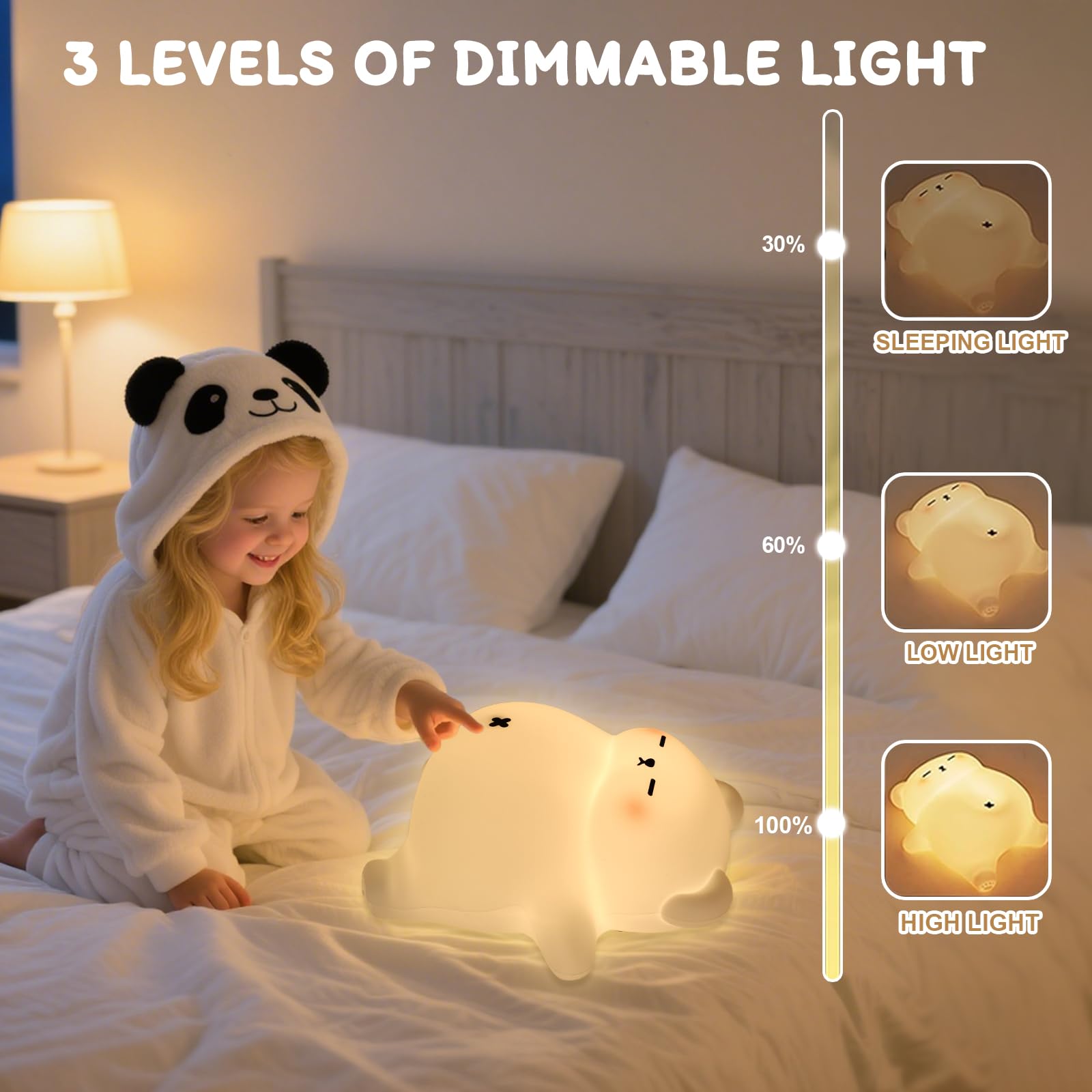 Bären-Nachtlicht für Kinderzimmer, wiederaufladbare weiche Silikon-Nachtlampe mit 3-stufigem Dimmen, Touch-Steuerung, 30-Minuten-Timer & beruhigendem Schnarchgeräusch, beweglicher Bauch, niedlicher