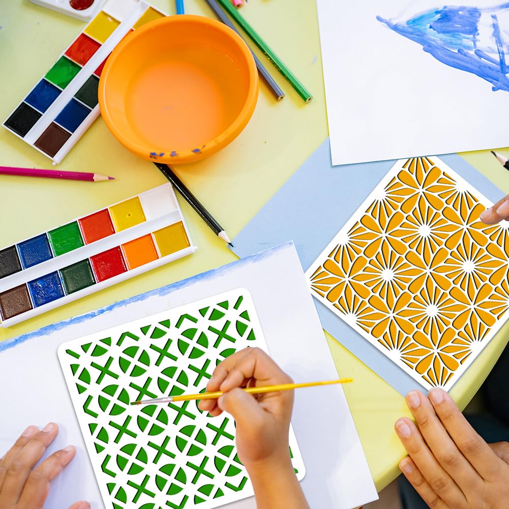Kit De 32 Pochoirs Réutilisables En Plastique - Motifs Géométriques, Taille 15x15 Cm - Pour Peinture Sur Mur, Bois, Meuble, Scrapbooking - Idéal DIY Et Décoration