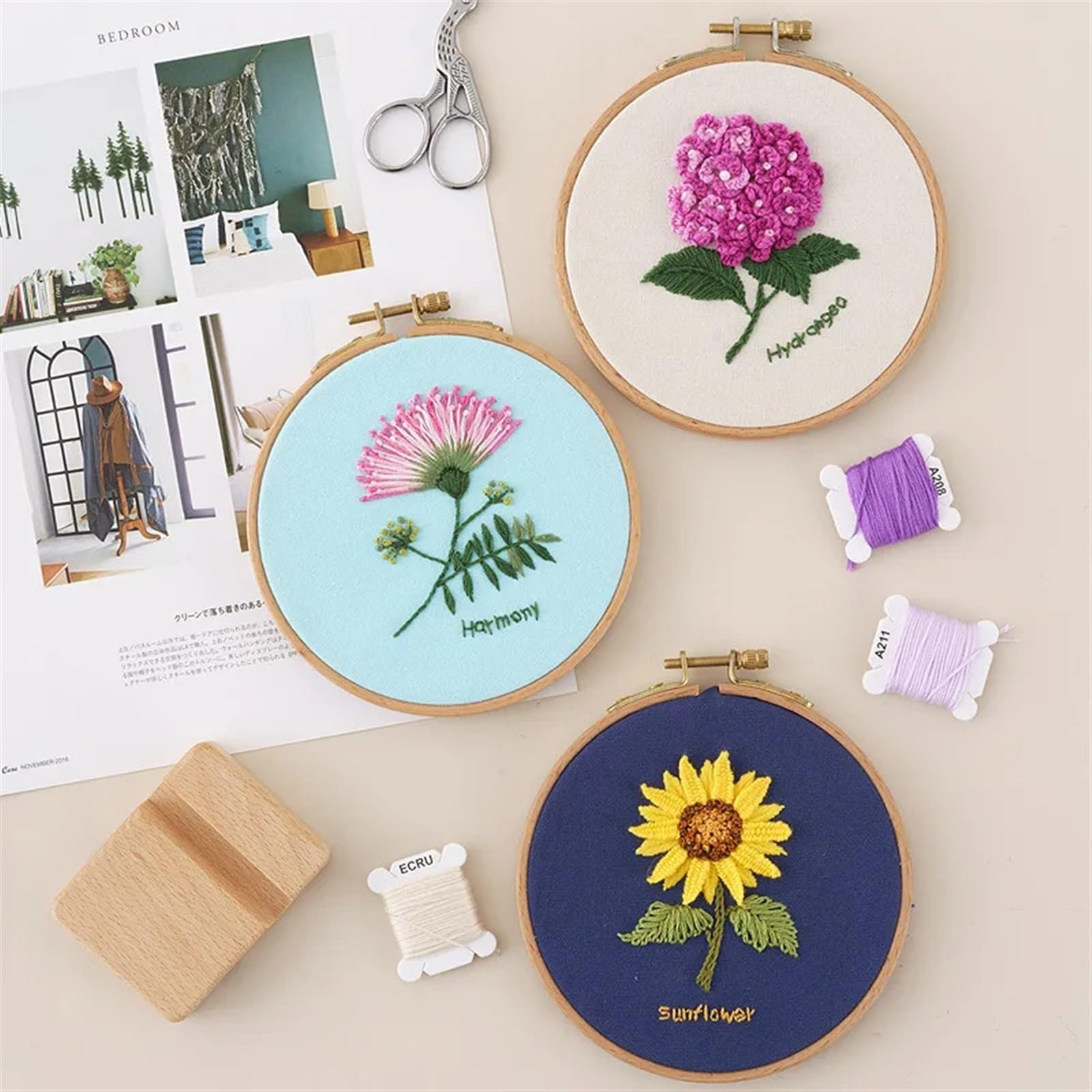 FBHFSUIEF Kit de bordado, flores, plantas, patrón, herramientas costura, for principiantes impreso(Color 01 15 Cm,No Hoop)
