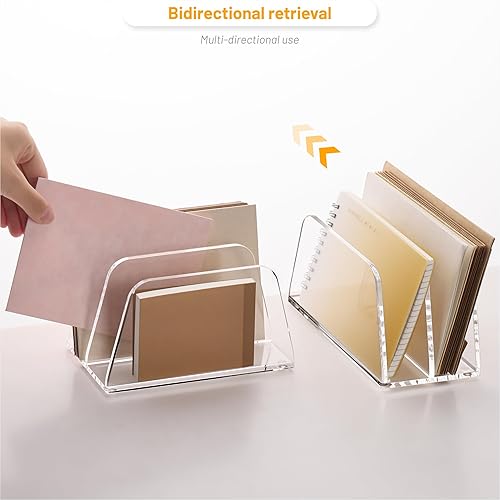 Vista 4 de SANRUI Organizador de correo acrílico para escritorio, soporte vertical para cartas, estantería transparente, 2 ranuras, clasificador de archivos