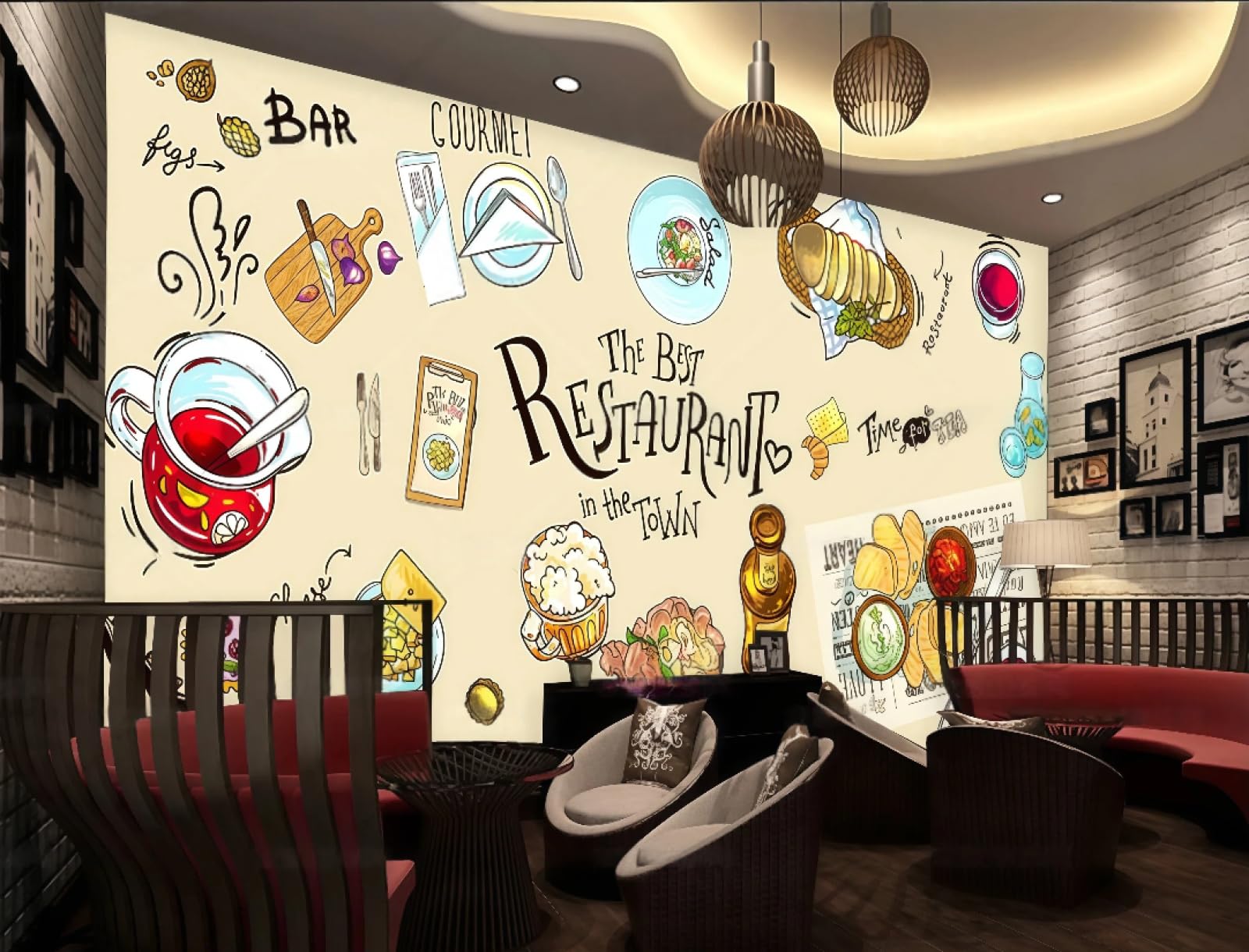 rskjdghshd Wallpaper Hand-Painted Steak Restaurant Bread Afternoon Tea Dessert Cake Shop Background Wall Western Restaurant Wallpaper Cafe Mural,3D,150x105cm