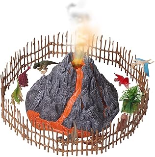 Dazmers | Volcano and Dinosaurs Playset - Includes 8 Jurassic Dinosaur Figures and Fence Mist-spouting Volcano World Set - Electric Volcano & Dinosaur Toys for Kids - Mini Gift for Toddlers Ages 3+