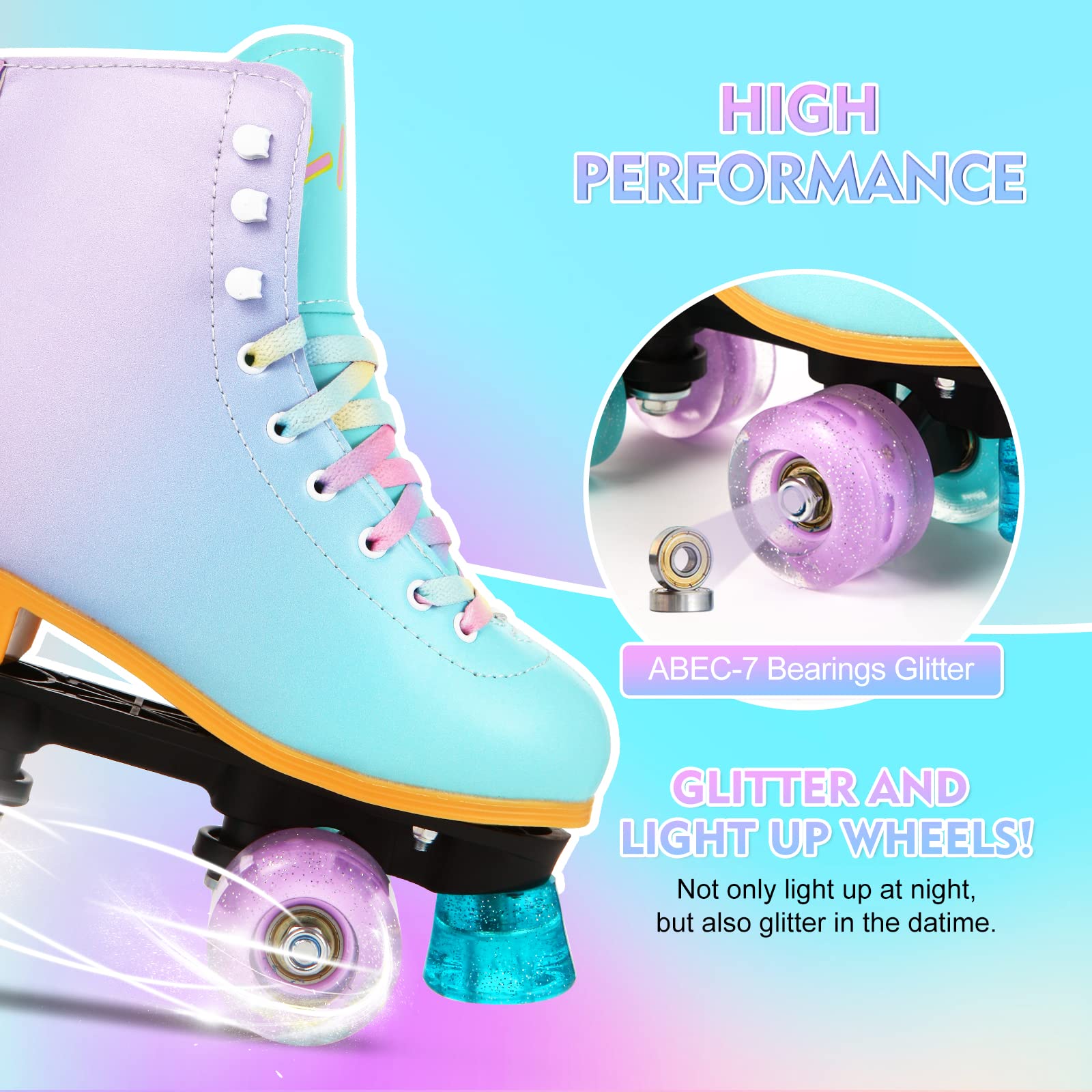 LIKU Quad Roller Skates for Girl and Women with All Wheel Light Up,Indoor/Outdoor Lace-Up Fun Illuminating Roller Skate for Kid
