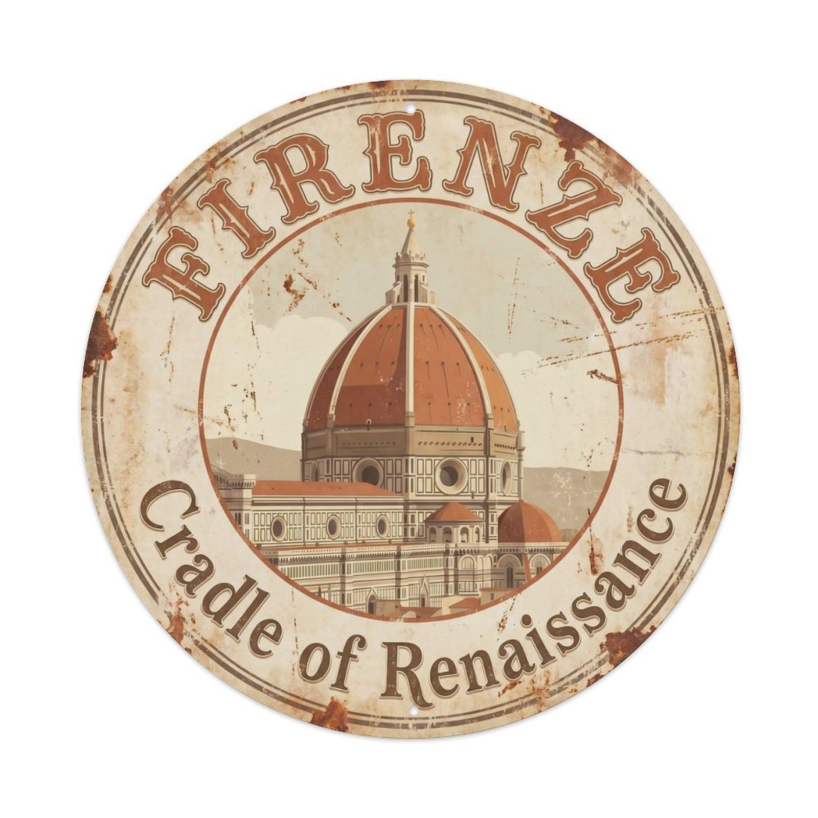 Vintage Travel Florence Cathedral Dome Metal Tin Sign Plaque Wall Decor for Cafe, Club, Garden Round Metal Poster 8x8Inch