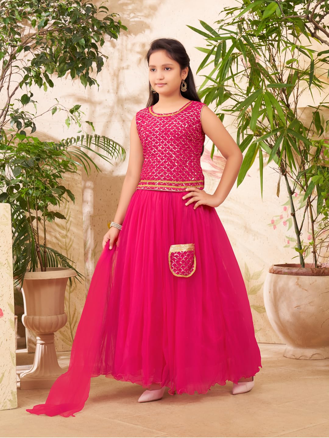 Aarika Girls Ethnic Wear Rani Colour Sequin Embroidery Georgette Lehenga Choli Set Attached Bag (4-10 Years)