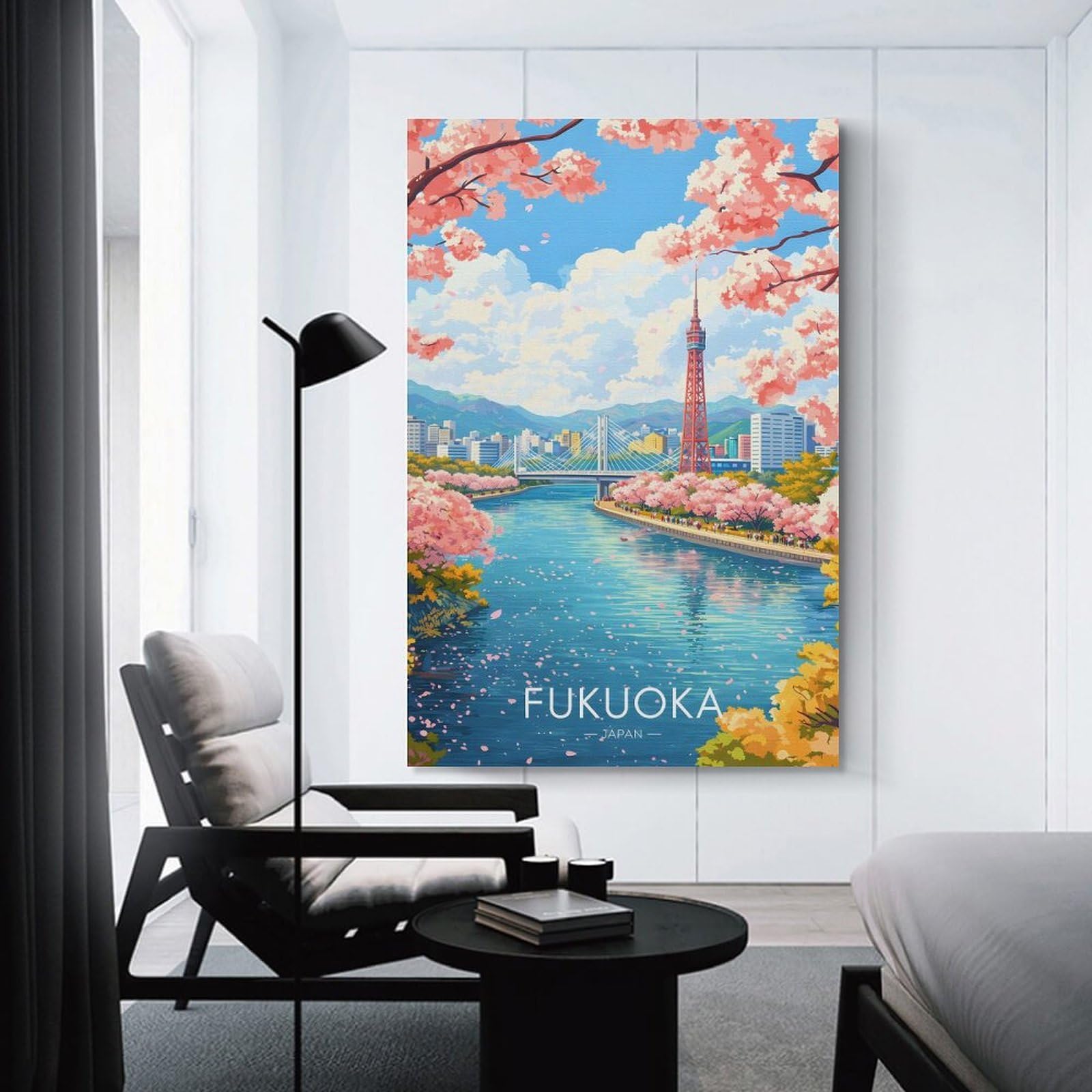Junmoney Fukuoka Cityscape with Cherry Blossoms Decorative Canvas Print 16x24inch(40x60cm), for Corridors, Hallways Or Apartment Entries, Decorative Wall Art for Narrow Spaces