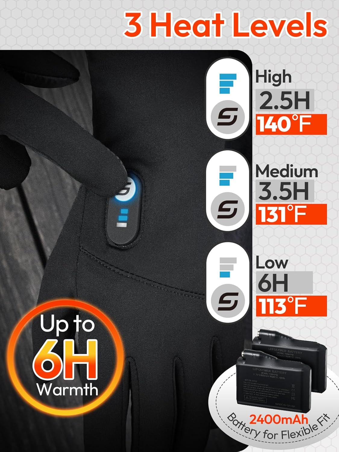 Heated Gloves for Men Women with 7.7V 2400mAh Rechargeable Battery Thin Liner Work Thermal Winter Heating with Touchscreen - Image 3
