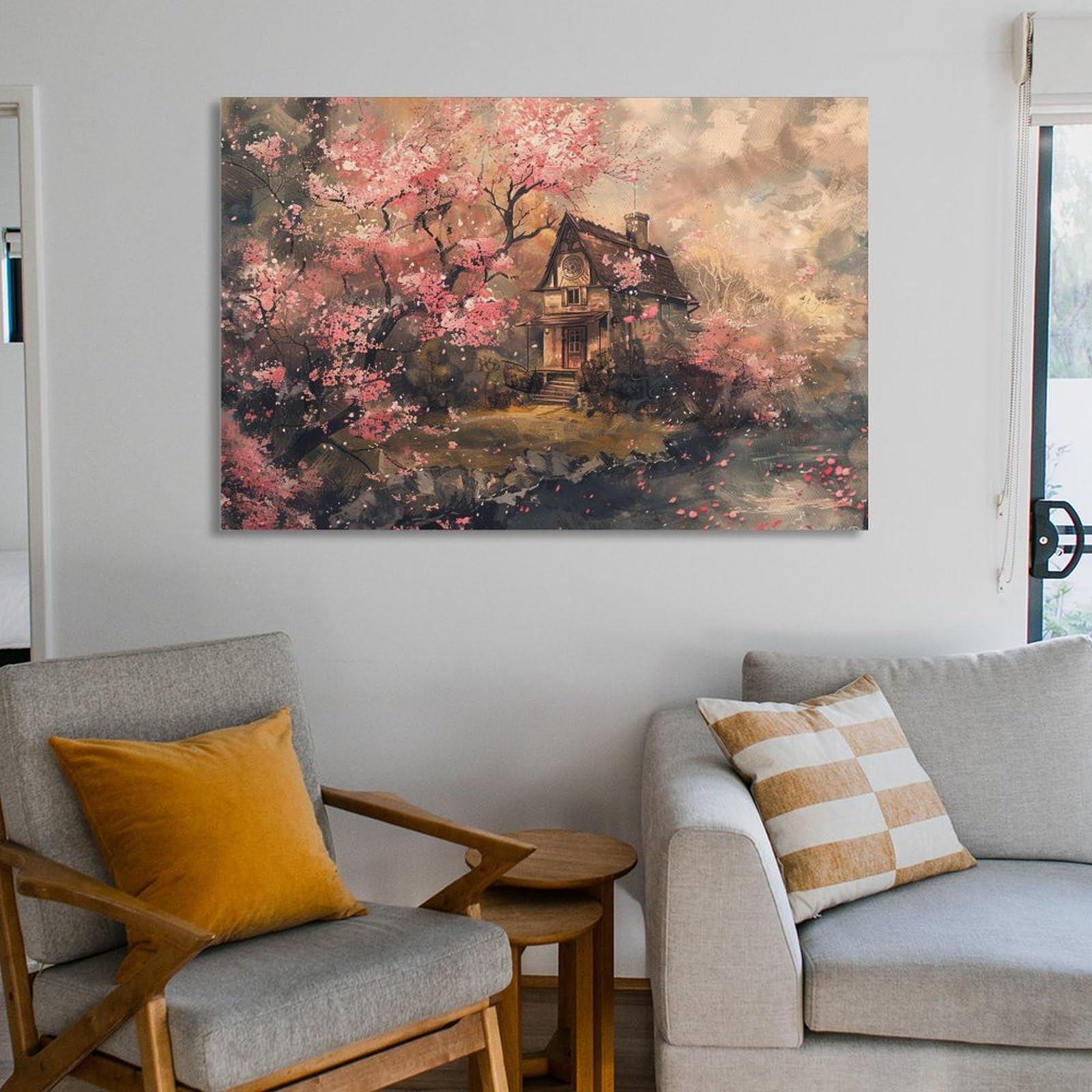 Amazon.co.jp: 絵画 山の中の小さな家インテリア 絵画 イラストアート