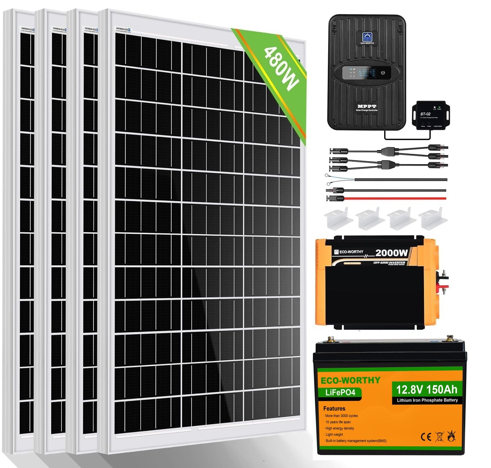 ECO-WORTHY 2 kW·h Solarsystem 480W 12V mit Wechselrichter und Batterie Netzunabhängig für Wohnmobil: 4 Stücke 120W Solarmodul + 40A MPPT Laderegler +150Ah Lithiumbatterie + 2000W Wechselrichter