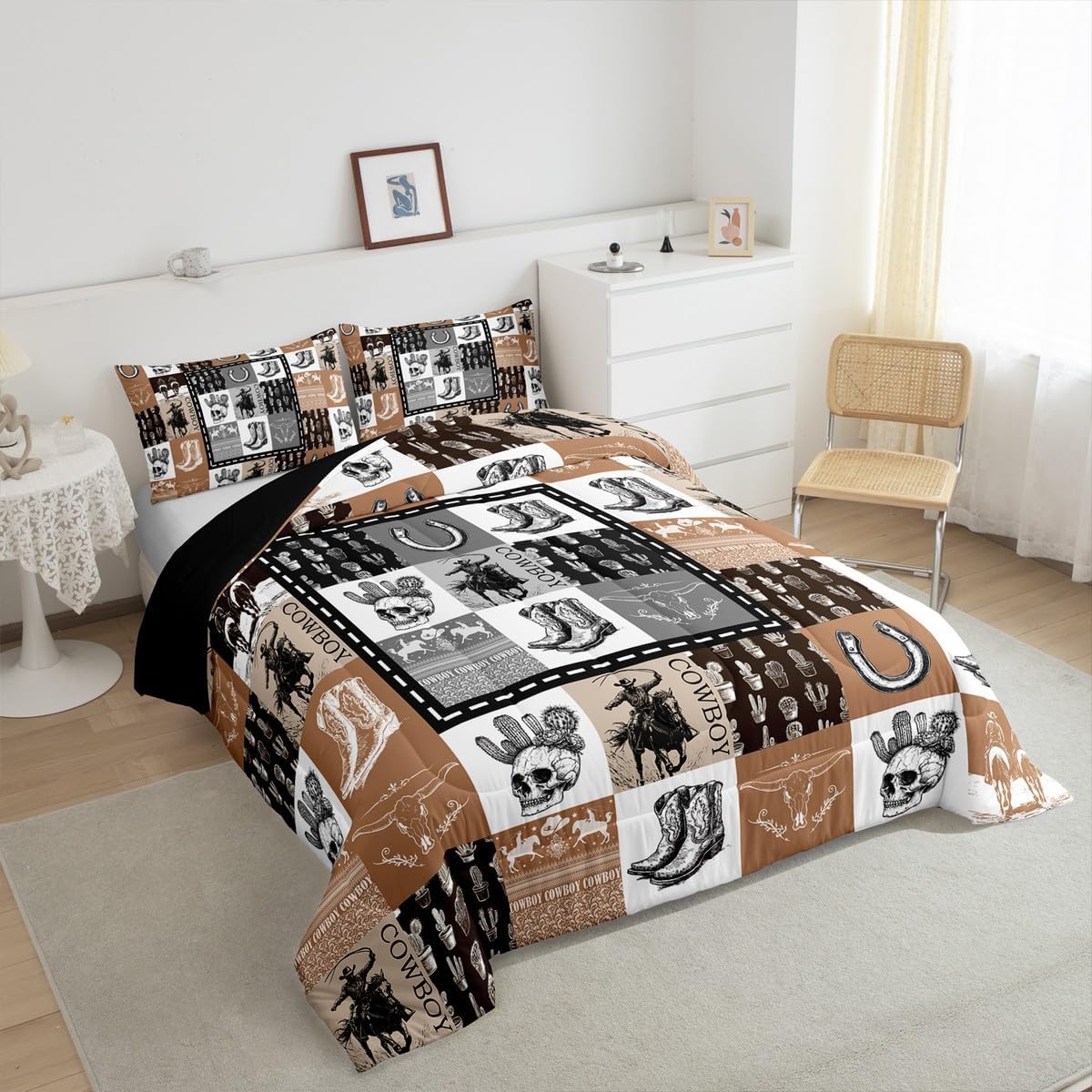 Erosebridal Western Cowboy Queen Comforter Set, Skull Horse Bedding Set, Boho Southwestern Country Hunting Wild Animal Quilt, Horseshoe Cabin Retro Rustic Lodge Plaid Check Adventure Comforter