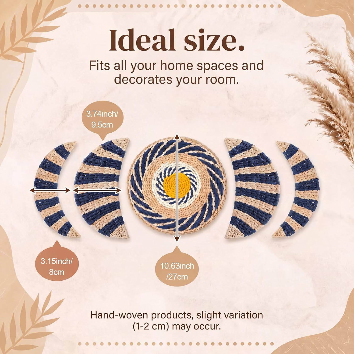 Geetery 5 Pcs Boho Wall Basket Decor, Bulrush Woven Wall Hanging Art