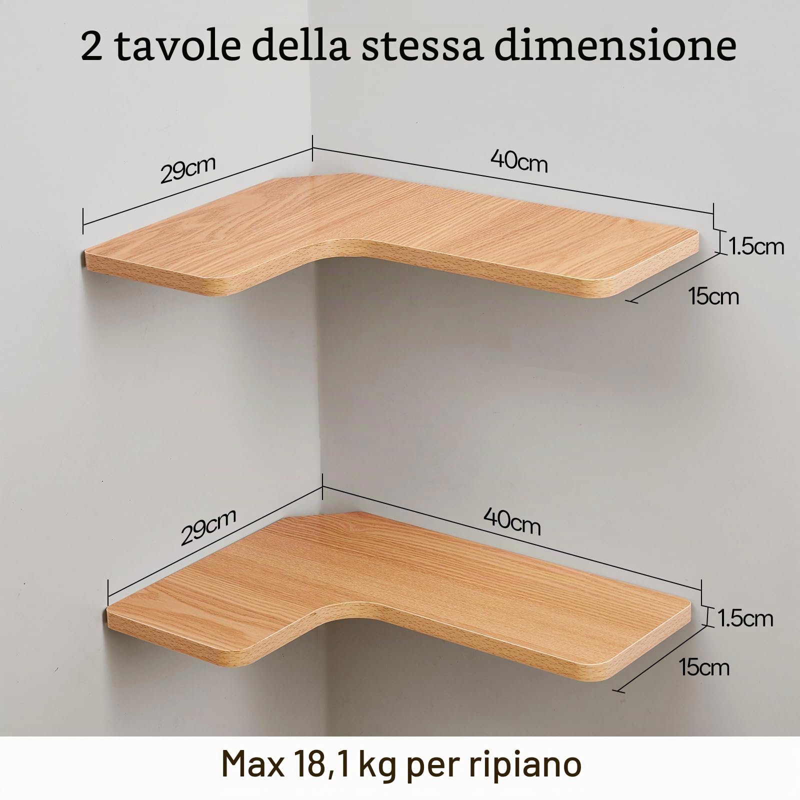 Gieanoo Mensola angolare da appendere, set da 2 scaffali da 40 cm, a forma di L, in legno, per cucina, bagno, soggiorno, camera da letto (naturale)