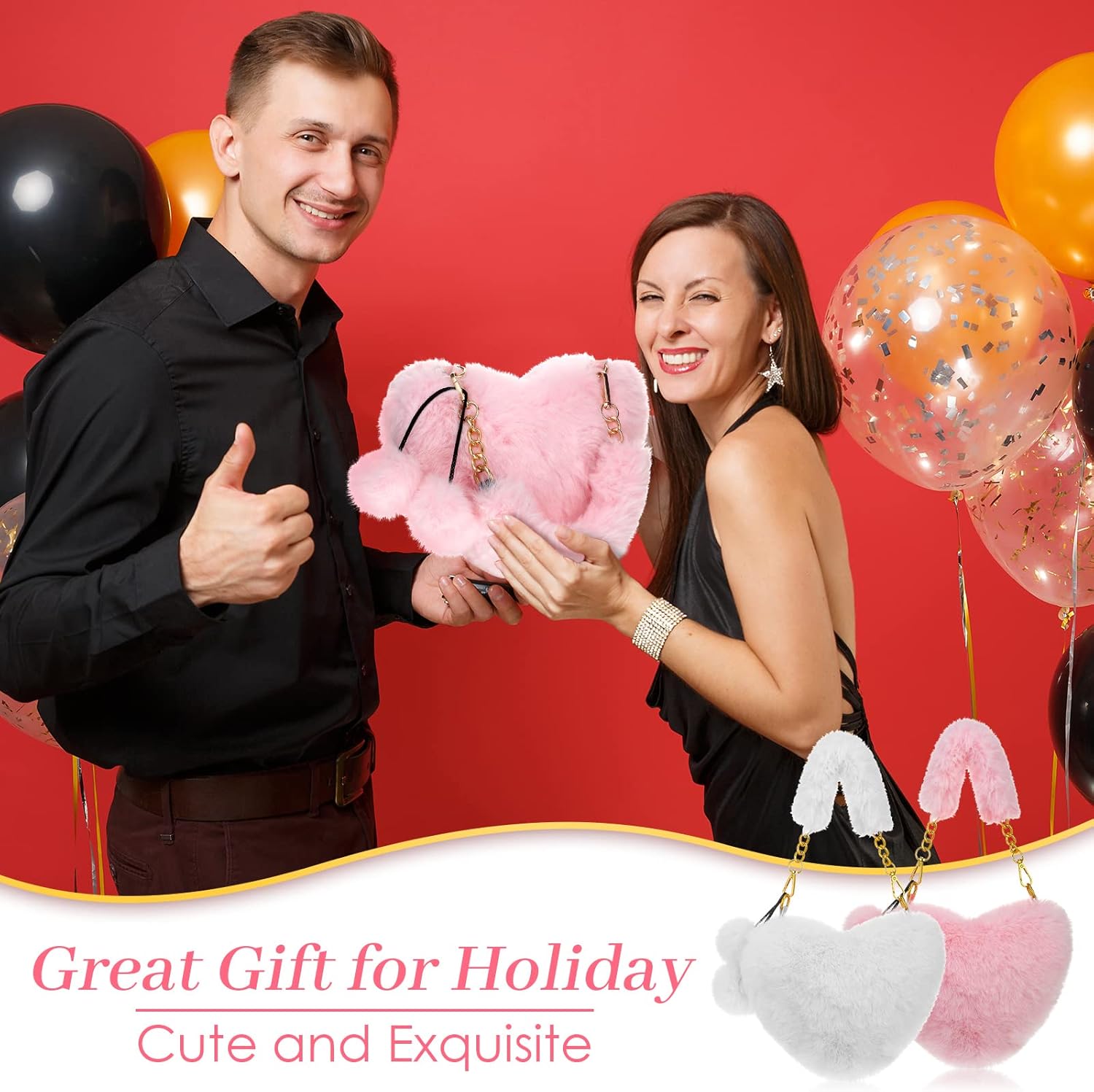 Saintrygo 2 Pcs Valentines Day Heart Shaped Purse Furry Purse Faux Fur Crossbody Shoulder Bag Cute Fluffy Clutch for Women(White, Pink) - Image 7