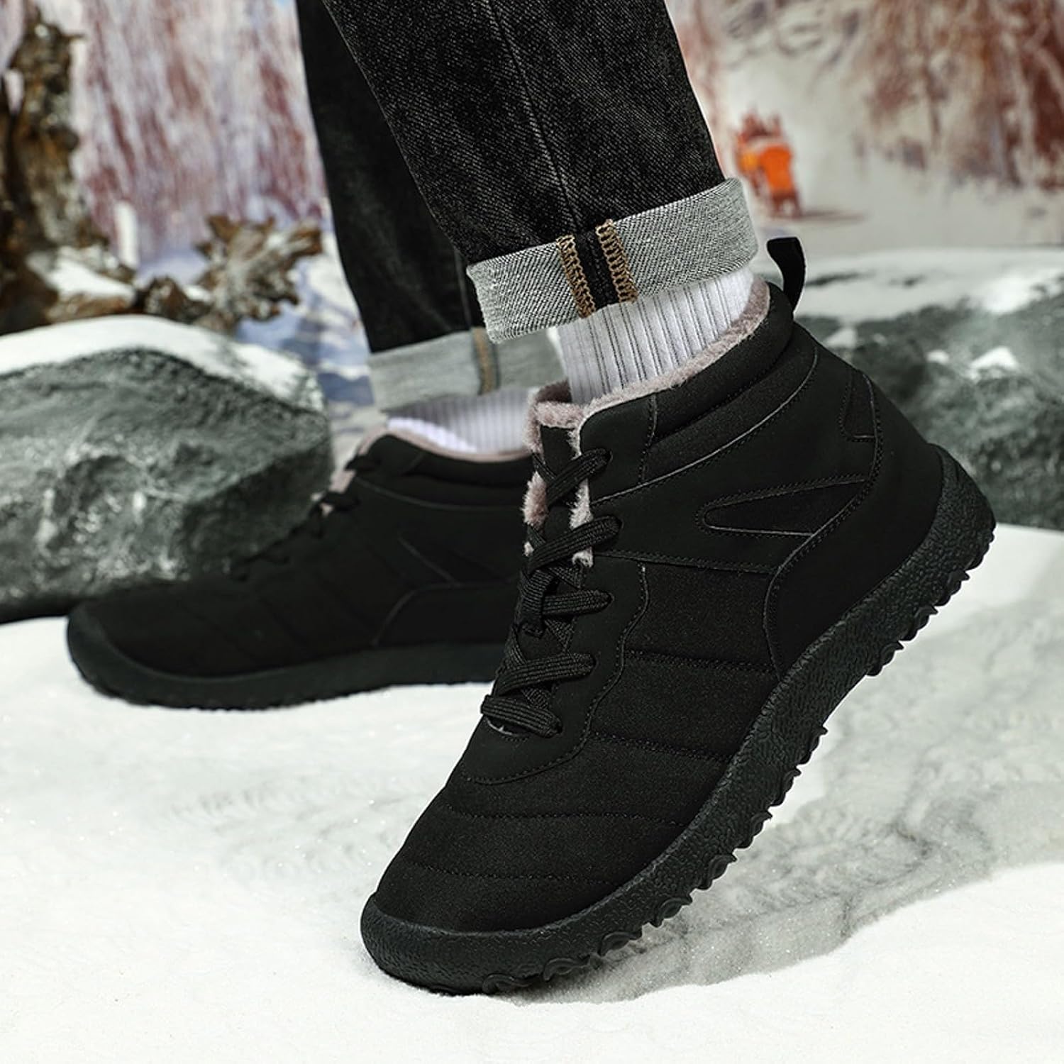 Winter Snow Boots Fur Lined Warm Men Comfortable Non-Slip Boots Casual Lightweight Thermal Fuzzy Shoes Outdoor Slip On Walking Hiking Booties