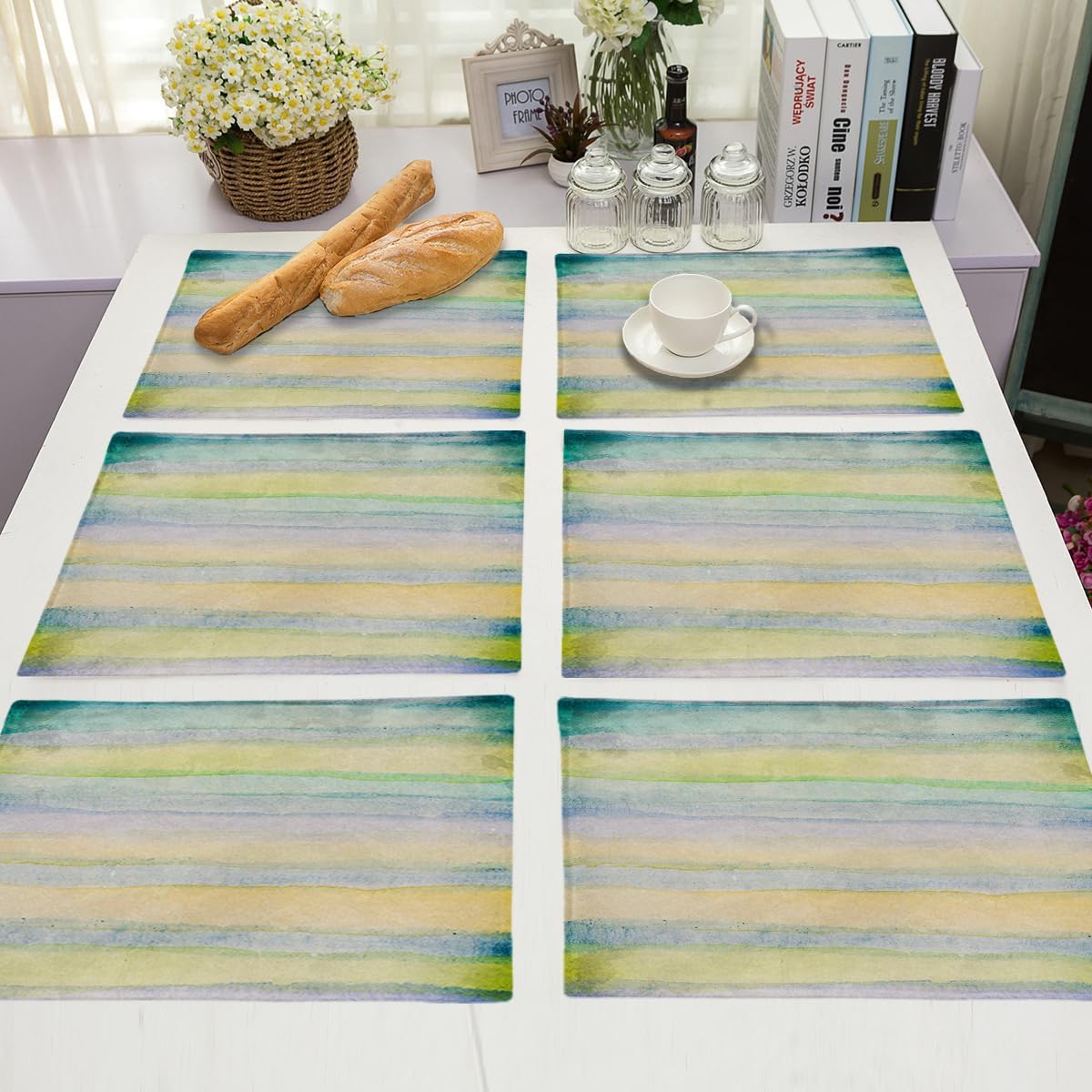 Placemats Set of 6 Abstract Watercolors Blue Green Stripes Heat Resistant Stain Resistant Non-Slip Table Mats Washable Desktop Decor Place Mats for Home Party 18x12 Inch