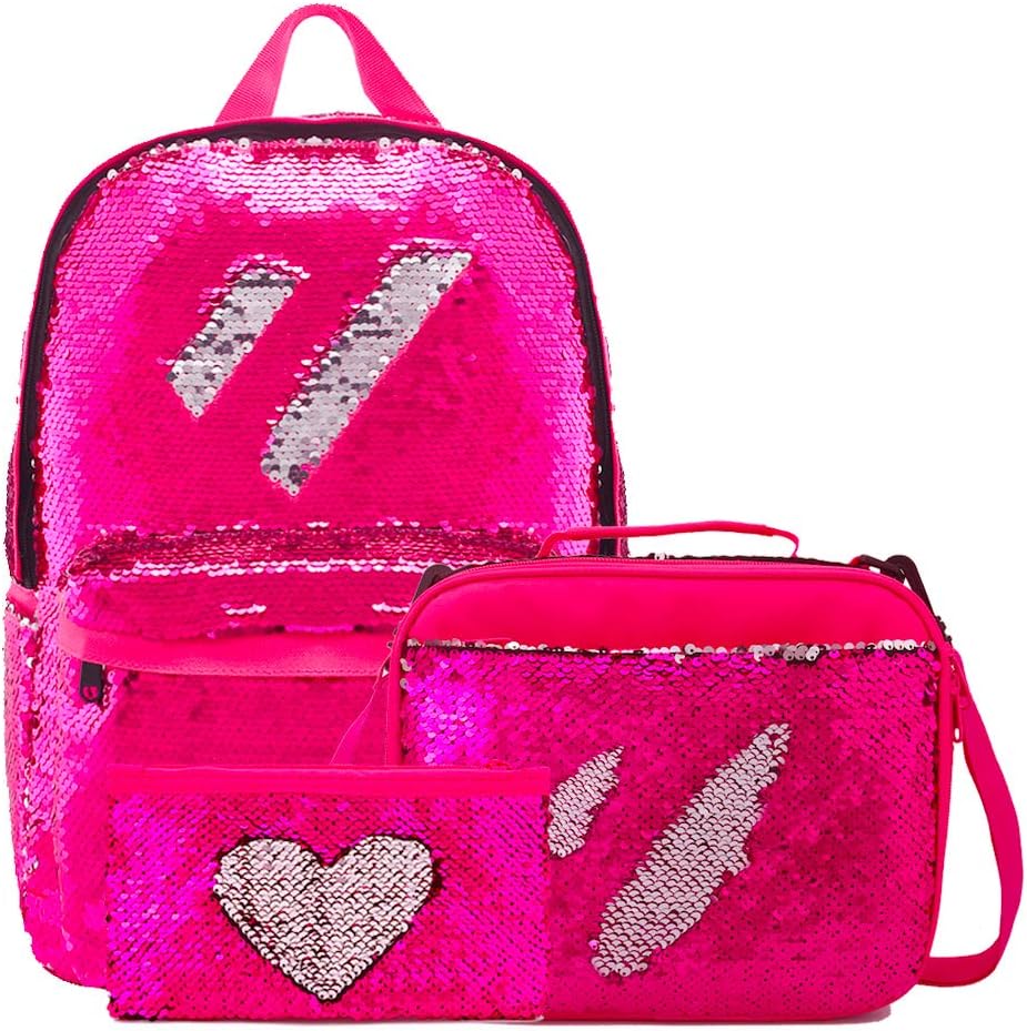 Kids School Backpack with Sequin Lunch Box Magic Pencil Holder for Girls (Set-Rose Red)