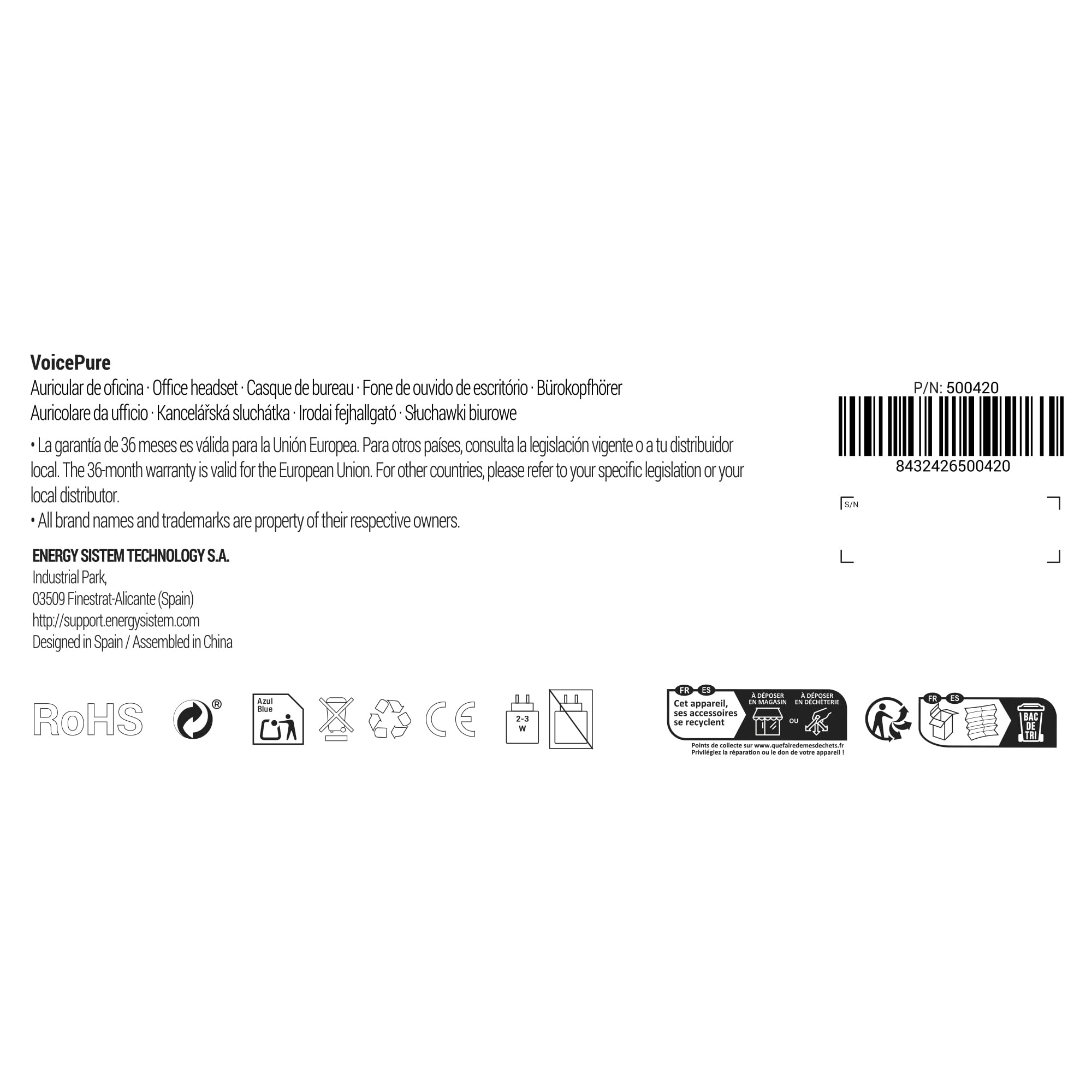 Energy Sistem Voice Pure - Cuffie wireless da ufficio monoaurali con connessione a dongle USB, connessione multipunto e dock di ricarica
