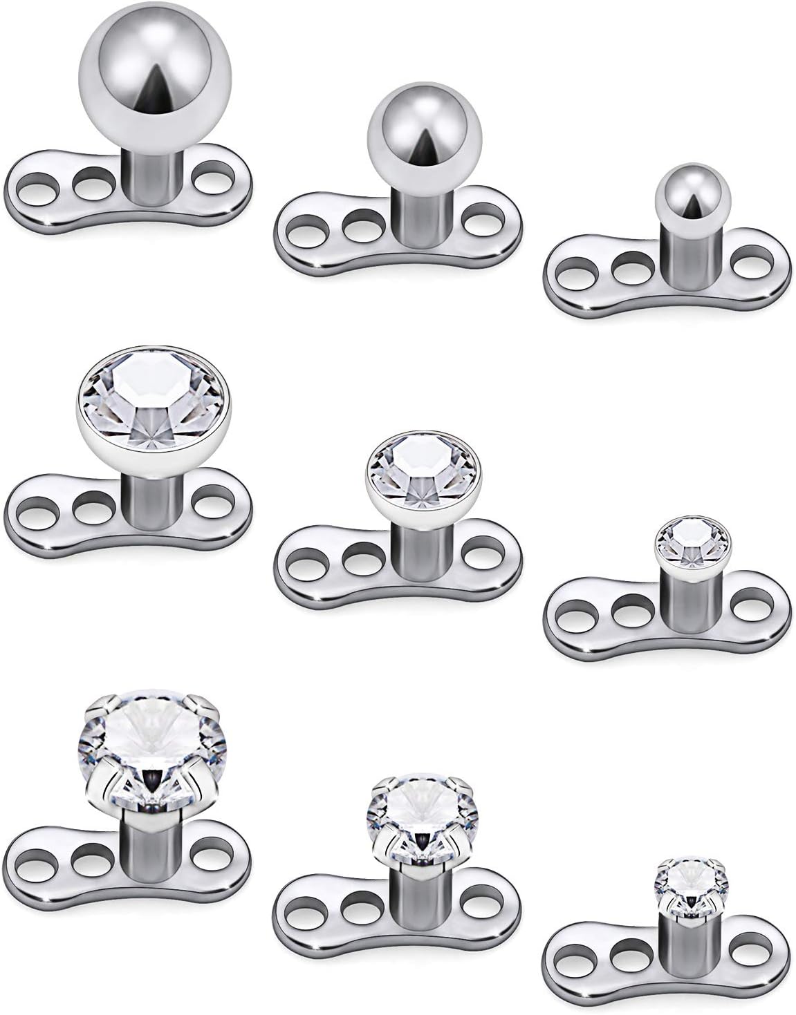 Lcolyoli 9Pcs Medical Grade G23 Titanium Dermal Anchor Tops with Cubic Zirconia Base Microdermals Piercing Jewelry for Women Men 14 Gauge