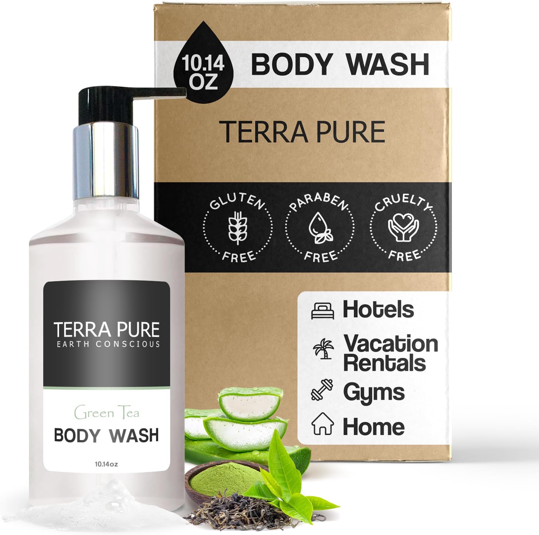 Terra Pure Green Tea Body Wash, 10.14 oz. With Organic Honey And Aloe Vera (Single)