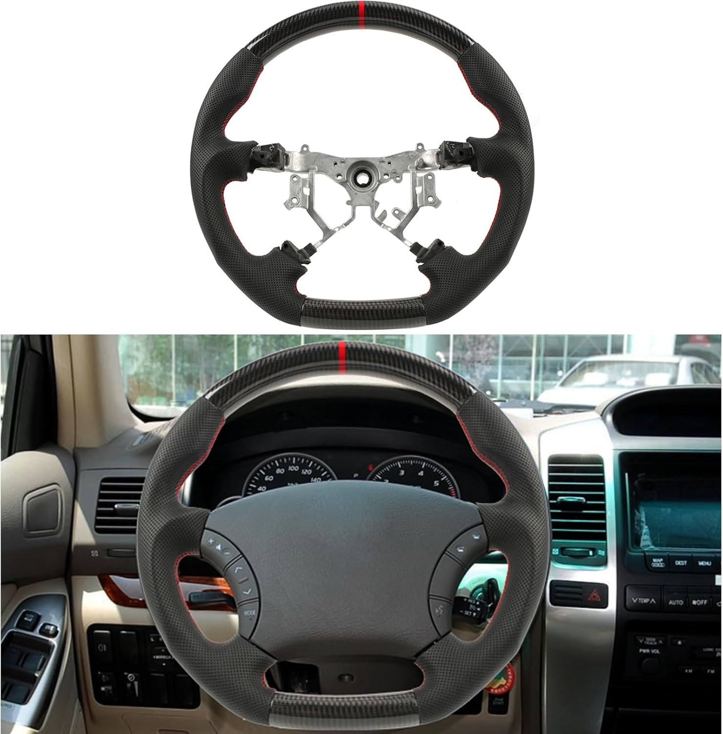 ITrims Steering Wheel Replacement for Toyota 4Runner 2003-2009/GX470 2003-2009/Sequoia 2003-2007 Car Interior Accessories Perforated Leather Grip Car Steering Wheel(Carbon Fiber)